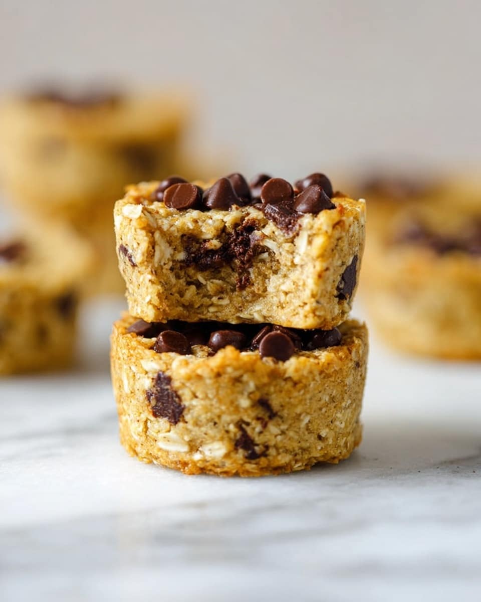 Two round oatmeal chocolate snacks are stacked on a white marbled surface; the top one has a bite showing the soft texture and melted chocolate chips inside. The base snack is whole, with visible chocolate chips embedded in the golden oatmeal texture. In the background, more of these snacks are blurred, keeping focus on the stack. The light is soft and natural, highlighting the rough oatmeal surface with some dark chocolate spots. photo taken with an iphone --ar 4:5 --v 7