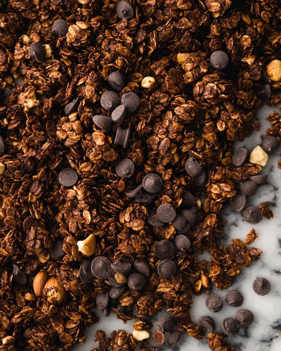 This image shows a close-up of dark brown granola with a rich and chunky texture. The granola clusters are mixed with small, round, dark chocolate chips that add a smooth contrast to the rough clusters. There are also whole nuts like cashews and almonds scattered throughout, adding a light tan color to the mix. The granola looks dense and crunchy with a mix of oats and nuts all tightly packed together. The background is a white marbled texture, highlighting the granola's deep, earthy colors. photo taken with an iphone --ar 4:5 --v 7