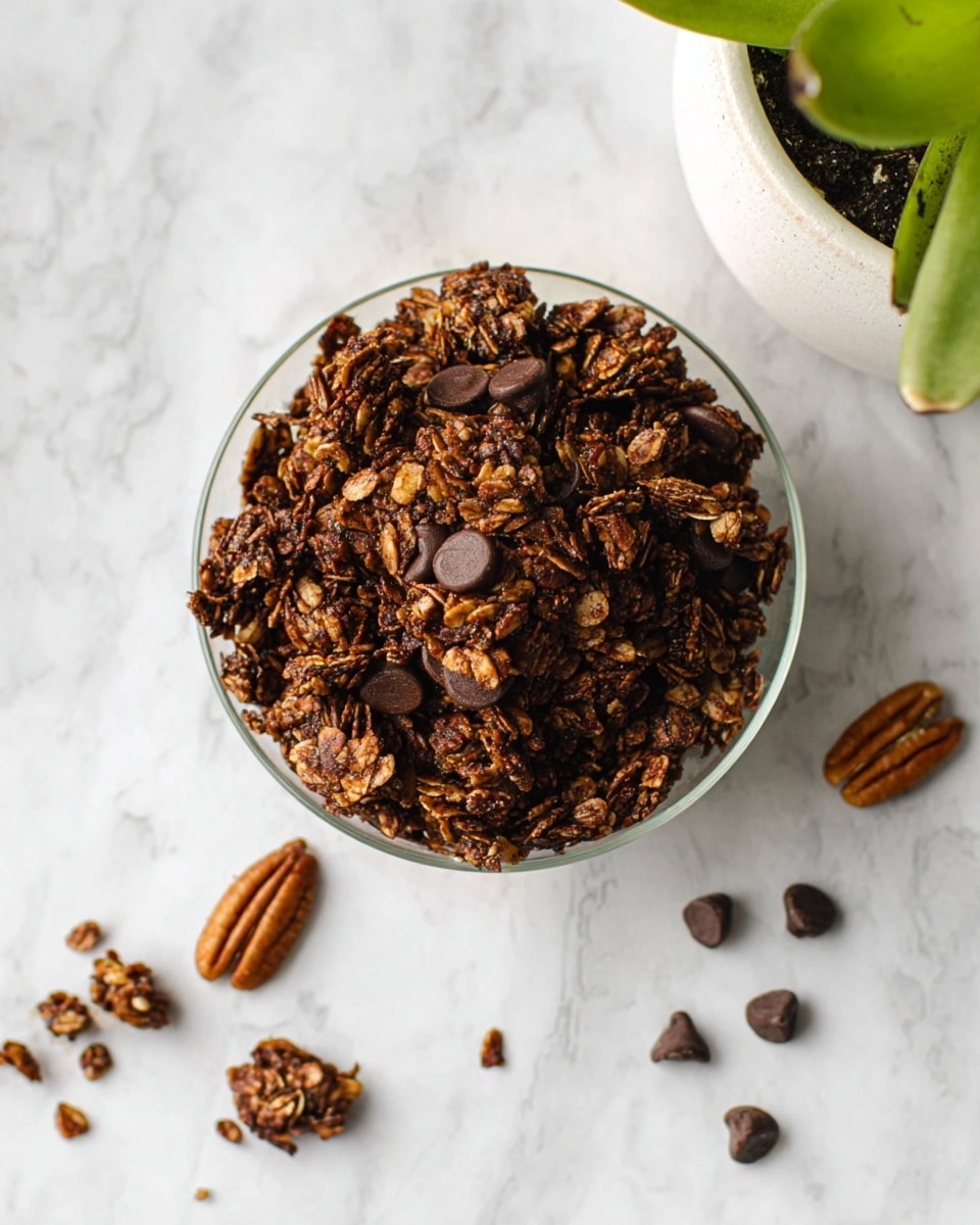 A clear bowl filled with dark brown granola made from oats and chocolate chips, with some pecan nuts mixed in, sitting on a white marbled surface. The granola texture looks crunchy and chunky with little clusters showing. Few loose granola bits, a pecan, and chocolate chips are scattered around the bowl. In the upper right corner, there is a green plant in a white pot, adding a fresh touch to the scene. Photo taken with an iphone --ar 4:5 --v 7