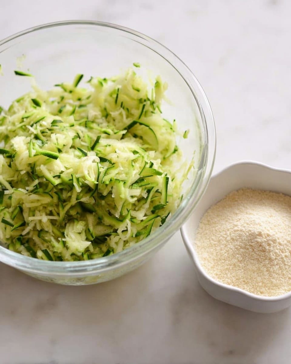 The image shows a clear glass bowl with shredded green zucchini inside, the shredded pieces are moist and fresh with a bright green skin mixed with pale green flesh. Next to the bowl is a small white cup filled with a pale beige powder, placed on a white marbled surface. The texture of the zucchini looks soft and slightly wet, and there are some shredded bits stuck to the side of the bowl. Photo taken with an iphone --ar 4:5 --v 7