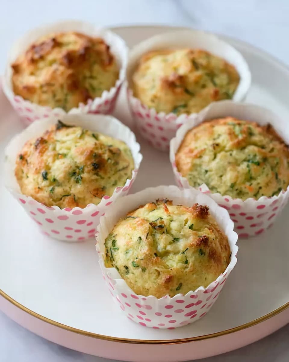 Five round muffins with a slightly browned top and green herb pieces inside are placed on a large white plate with a thin gold rim. Each muffin is wrapped in white paper cups decorated with pink polka dots, showing a soft, moist texture with bits of orange and green visible throughout. The muffins sit on a smooth white marbled surface, highlighting their fresh, homemade look. photo taken with an iphone --ar 4:5 --v 7