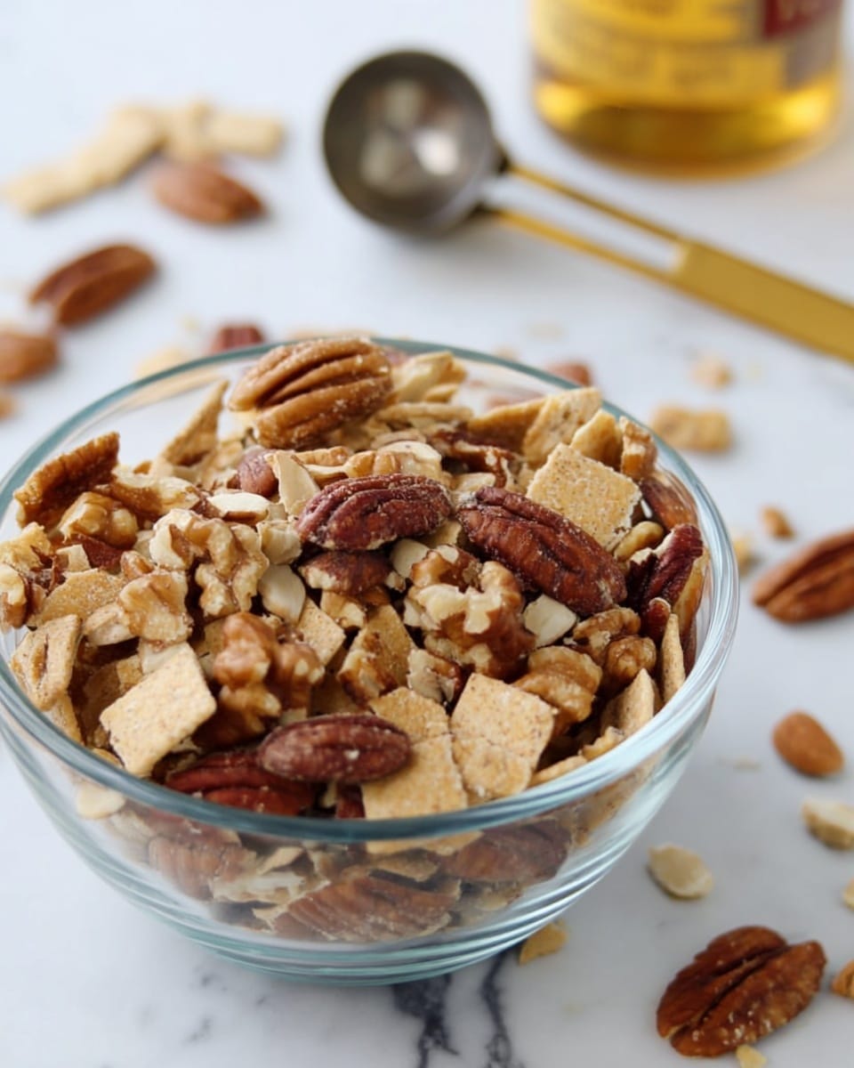 The image shows a clear glass bowl filled with a mix of light beige broken crackers, tan-colored pecans, walnut halves with brown shells, and pale slivered almonds. The bowl sits on a white marbled surface with a few nuts scattered around it. Behind the bowl is a metal measuring cup with a golden handle and a blurred bottle with a yellow label. The textures of the nuts are rough and the crackers look crisp, all layered evenly in the bowl. photo taken with an iphone --ar 4:5 --v 7