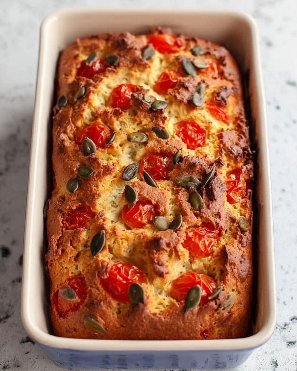 The image shows a golden-brown baked savory bread loaf in a white rectangular ceramic baking dish. The bread has a rough, uneven top crust with clusters of small, bright red cherry tomatoes embedded throughout the surface. Scattered pumpkin seeds are also visible on the top, adding texture and color contrast with their dark green shades. The background is a white marbled texture, making the loaf stand out clearly. Photo taken with an iphone --ar 4:5 --v 7