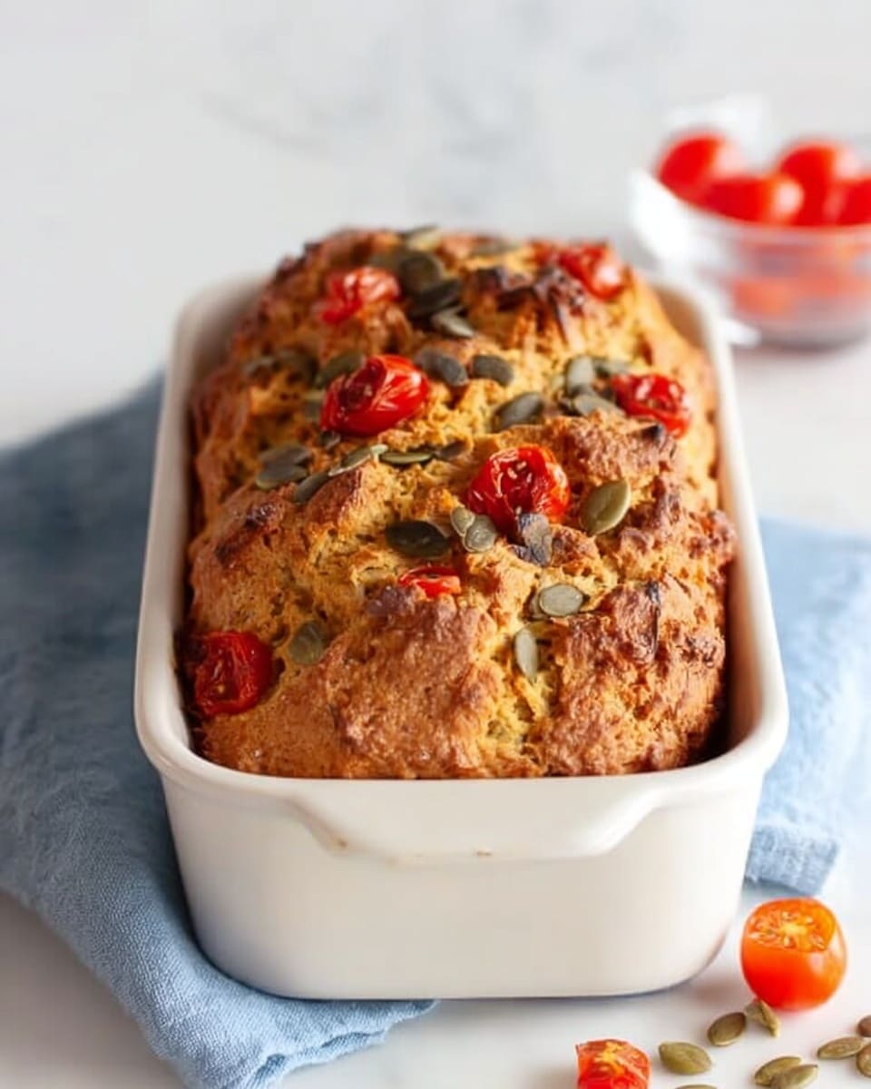 A close-up image of a golden brown loaf of bread in a white rectangular baking dish. The bread has a rough, cracked crust with small bright red cherry tomatoes and dark green pumpkin seeds scattered on top. The dish sits on a folded light blue cloth on a white marbled surface. To the right, a small clear bowl with more cherry tomatoes is partly visible, and a few tomatoes are placed loosely on the surface nearby. The image is bright and clean with soft natural light, focusing on the texture and color of the bread. photo taken with an iphone --ar 4:5 --v 7