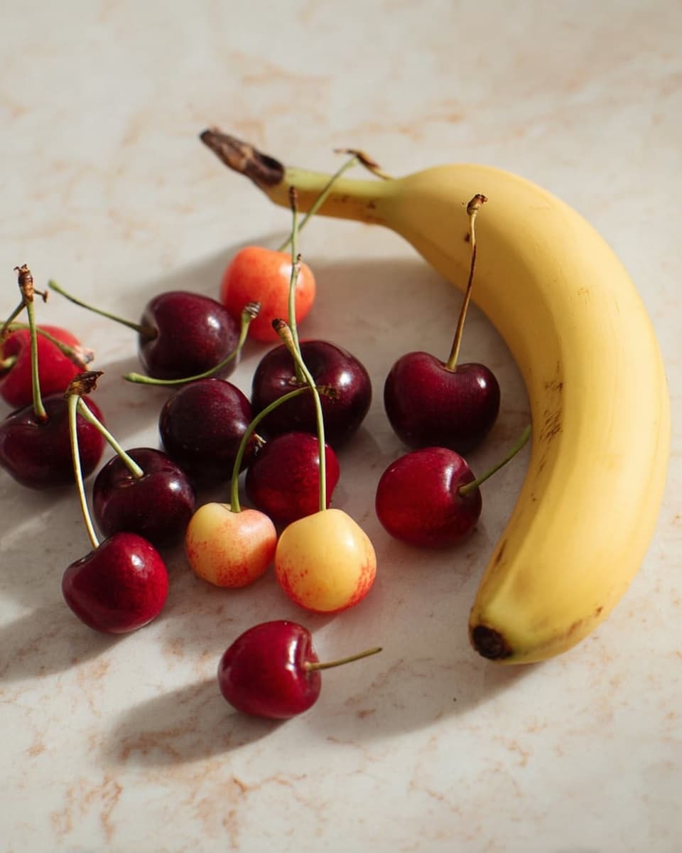 The image shows a curved yellow banana on the right side, resting on a white marbled surface. On the left side, there is a small pile of cherries with different colors: some are dark red, some bright red, and some yellow with red blush. The cherries have green stems attached, and they are scattered lightly around the banana. The light and shadows create a soft, natural look. Photo taken with an iphone --ar 4:5 --v 7