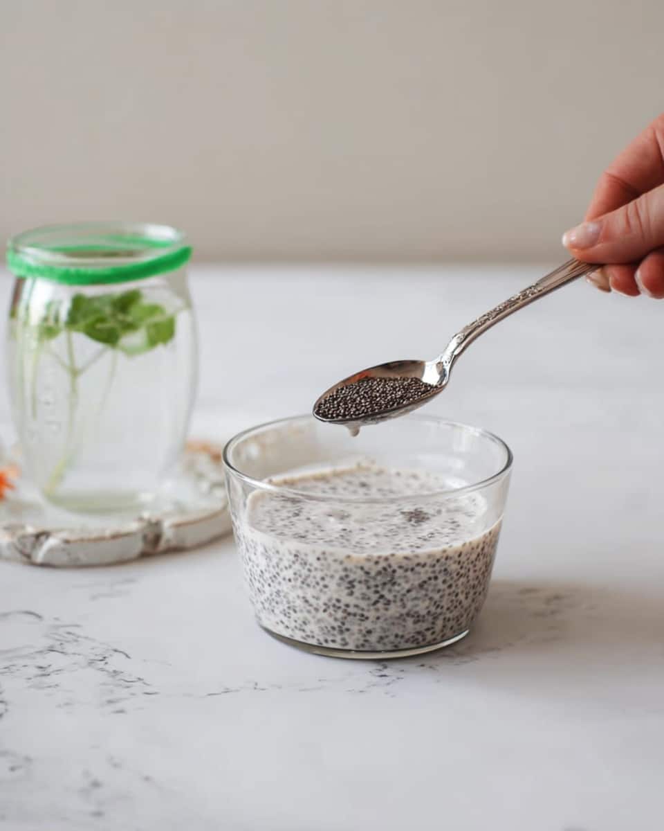 A clear glass bowl sits on a white marbled surface, filled with a milky white liquid mixed with small black chia seeds evenly spread through the liquid. Above the bowl, a silver spoon held by a woman's hand lifts a portion of the mixture, showing the chia seeds suspended in the creamy base. To the left of the bowl, there is a small empty clear glass jar with a green rim on the opening. In the background, a glass of water with green leaves inside is slightly out of focus. The whole scene is softly lit, creating a simple and clean look. photo taken with an iphone --ar 4:5 --v 7