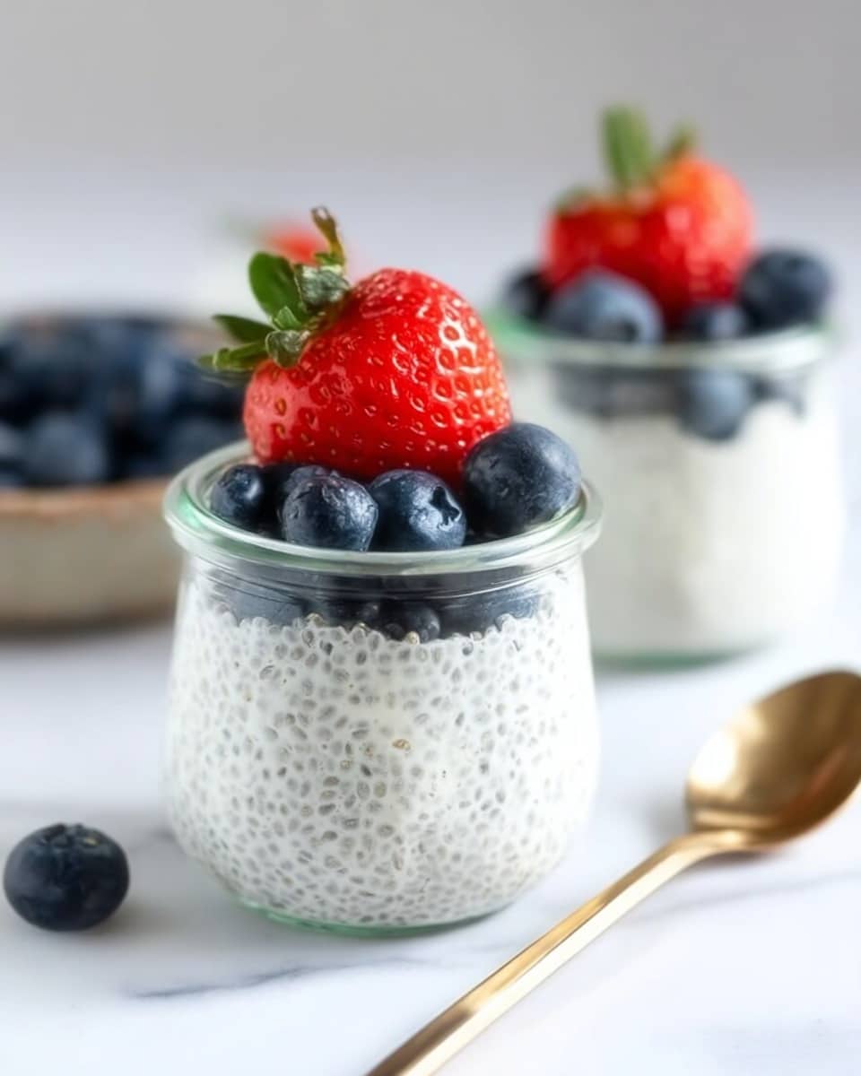 A small clear glass jar filled with a creamy white chia pudding as the bottom layer, topped with fresh, smooth blueberries and a large, bright red strawberry with green leaves on top. The jar is set on a white marbled surface with another similar jar and a bowl of blueberries blurred in the background. To the right of the jar, there is a shiny gold spoon resting on the white marble. The lighting is soft and natural, highlighting the fresh fruit and creamy texture of the pudding. photo taken with an iphone --ar 4:5 --v 7