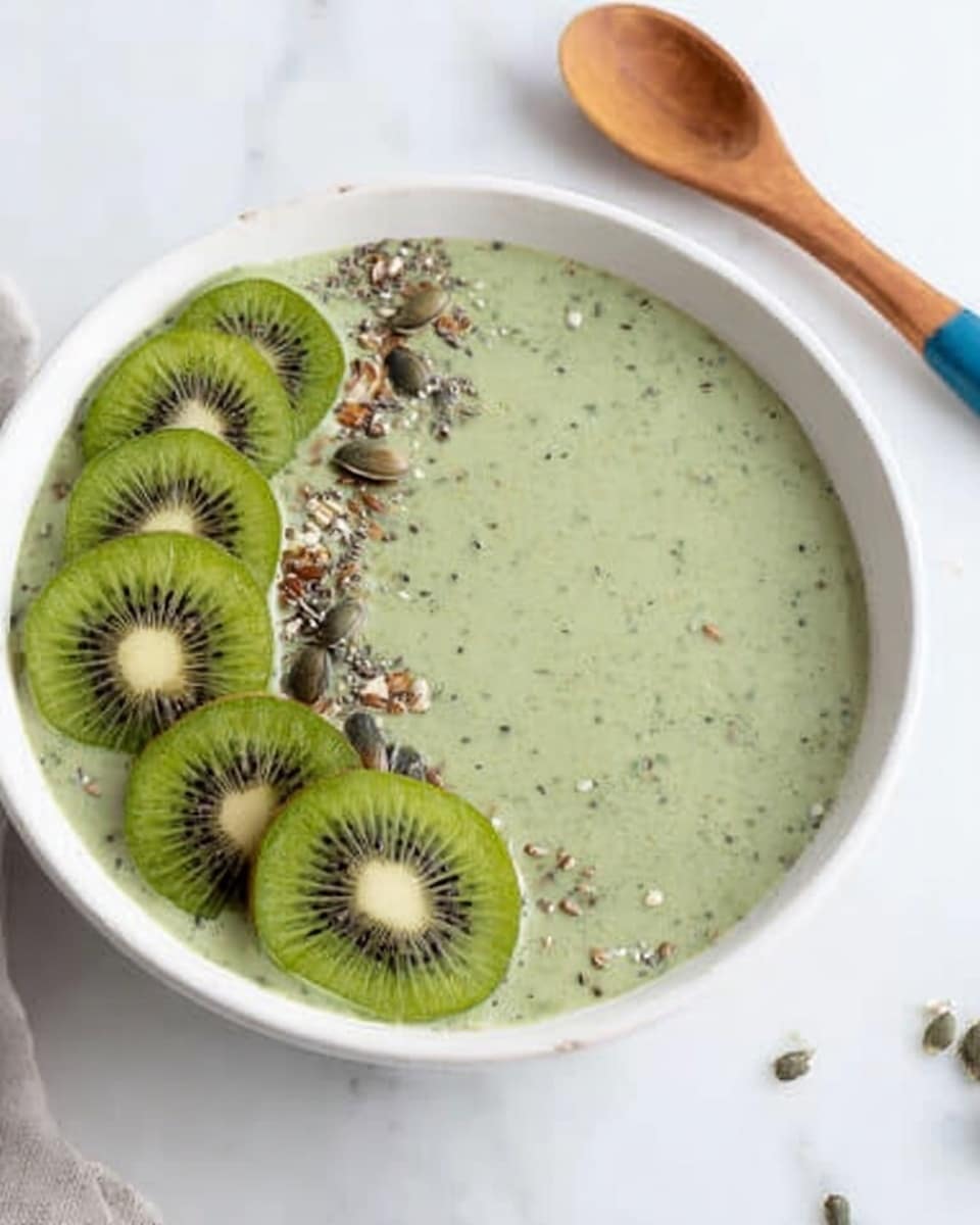 A white bowl filled with a smooth, green smoothie that looks creamy and thick, with small specks of darker green throughout. On one side of the bowl, five thin slices of bright green kiwi fruit are placed neatly in a curved line, showing their light centers and seeds. Next to the kiwi slices, there are a few pumpkin and flax seeds sprinkled on top of the smoothie. The bowl is placed on a white marbled surface, and to the right of the bowl, a wooden spoon with a blue handle is resting nearby. photo taken with an iphone --ar 4:5 --v 7