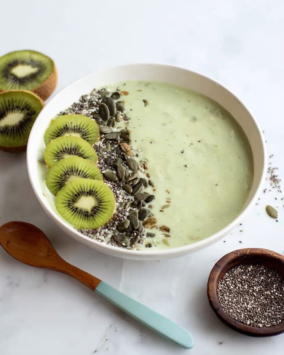 A white bowl sits on a white marbled surface filled with a creamy light green smoothie. The smoothie has a smooth texture and is topped on one side with four thin slices of green kiwi arranged in a neat row. Next to the kiwi slices, there is a layer of dark chia seeds and pumpkin seeds adding a rough texture and dark color contrast to the bowl. To the right of the bowl, there is a wooden spoon with a pale blue handle resting on the surface, and a small dark wooden dish filled with more chia seeds is nearby. The overall scene is bright and clean with fresh, natural ingredients. photo taken with an iphone --ar 4:5 --v 7