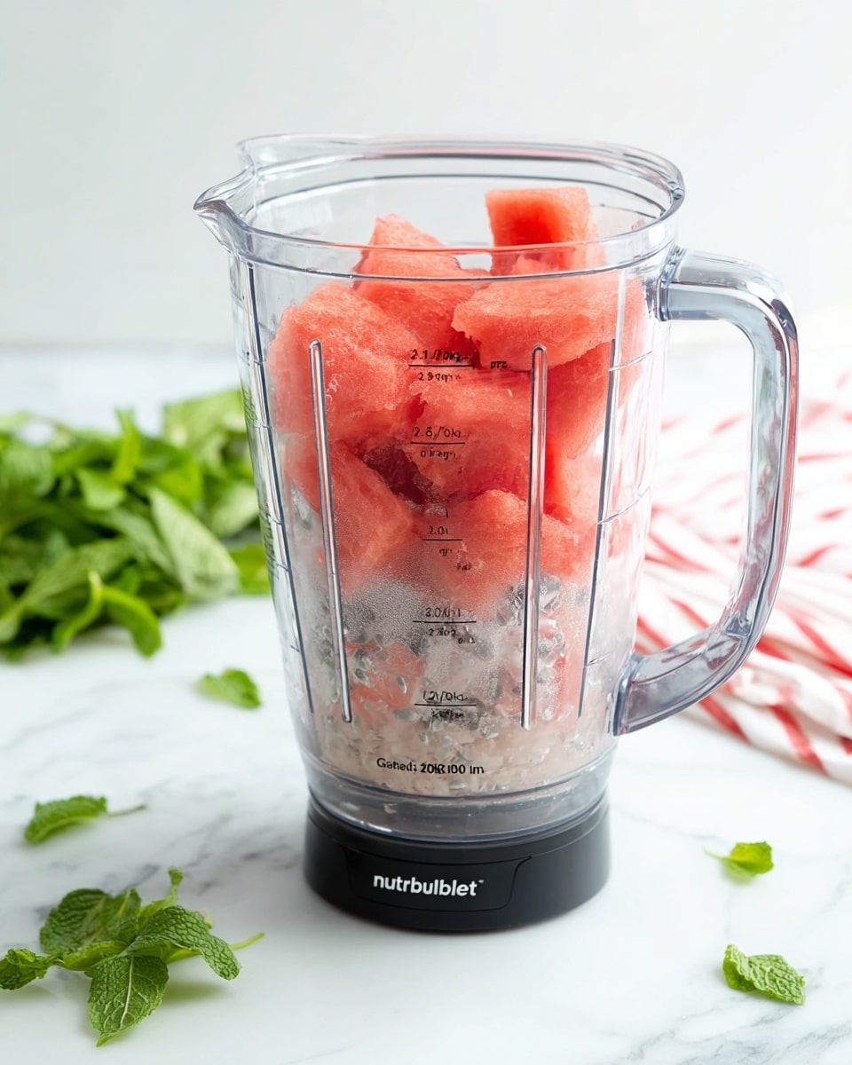 A clear blender cup with black handle sits on a white marbled surface, filled about halfway with large, bright red chunks of watermelon on the top layer, and below that some clear, faintly textured liquid with small ice pieces. The blender cup has black measurement marks on it, showing ounces on the left and cups on the right, and the brand name