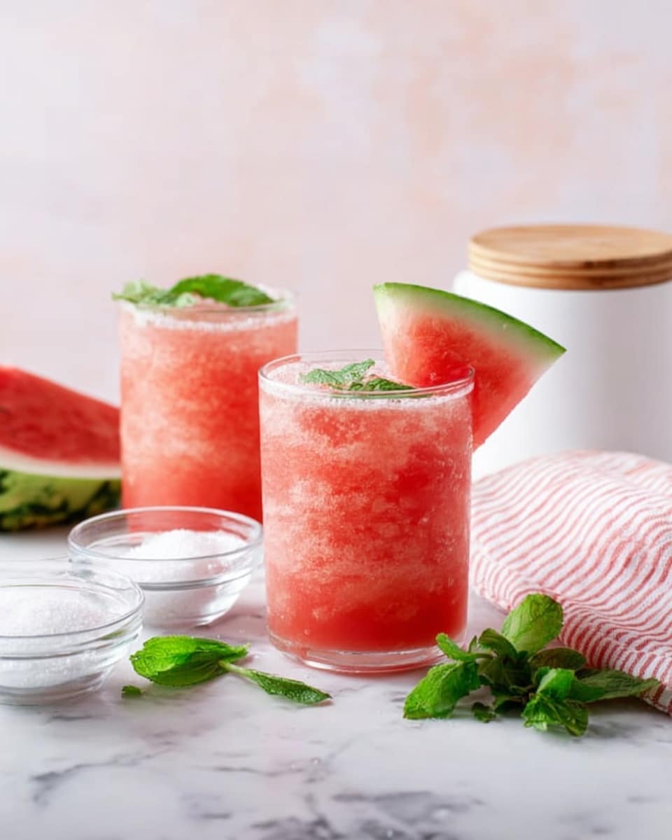 Two clear glasses filled with crushed pinkish-red watermelon juice are on a white marbled surface. Each glass has a large triangular slice of watermelon with green rind resting on the rim, and one glass is topped with a small green mint leaf. Behind the glasses is a white container with a natural wood lid. In front, there are two small clear bowls, one with white sugar, and some fresh green mint leaves scattered nearby. A white cloth with red stripes is placed on the right side. The background is a soft pinkish-white with a white marbled texture. photo taken with an iphone --ar 4:5 --v 7