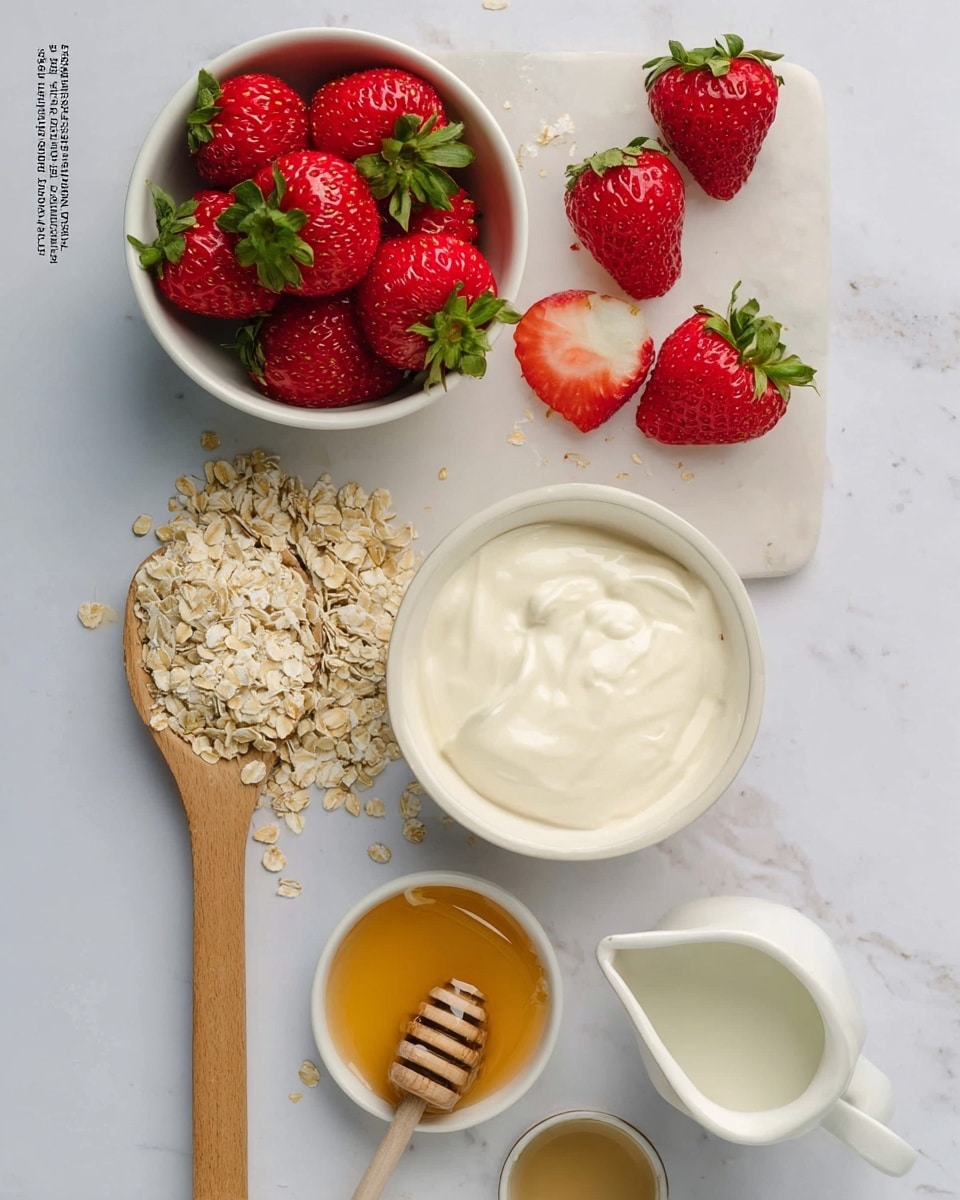 The image shows a flat lay of ingredients arranged on a white marbled surface. At the top left, there is a white bowl filled with bright red strawberries with green leaves. To the right of the bowl, some whole strawberries and a few halved strawberries are scattered. Below, there is a white bowl filled with smooth, creamy plain yogurt. To the left, a wooden spoon holds a pile of light beige rolled oats with some oats spilling onto the surface. At the bottom, a small white container holds golden honey with a honey dipper resting inside it. Nearby, a tiny white cup contains a small amount of vanilla extract. To the right, there is a small white pitcher with light-colored milk. The setup is simple and clean, showing the natural colors and textures of the ingredients. photo taken with an iphone --ar 4:5 --v 7