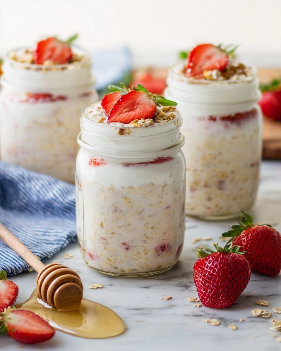 The image shows three clear glass jars filled with layers of creamy oats and yogurt mixture. The front jar has a visible bottom layer of oats, a middle layer with small bits of red strawberry, and a top layer of thick white yogurt with a few brown granola pieces mixed in. Two halved strawberries with green tops sit on the yogurt layer. Around the jars, there are whole and cut fresh strawberries scattered on a white marbled surface. In the front, a wooden honey dipper lies flat beside a blue and white striped cloth. The scene looks fresh and bright, with soft natural light. Photo taken with an iphone --ar 4:5 --v 7