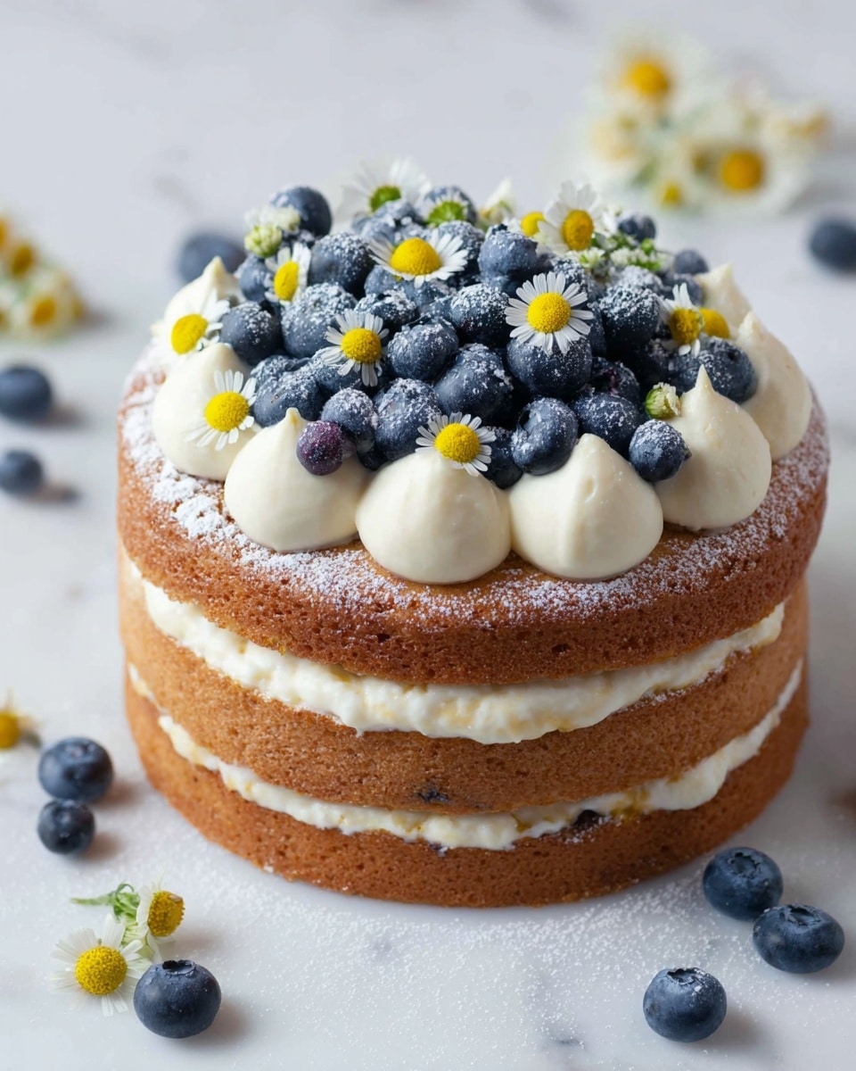 The image shows a two-layer round cake on a white marbled surface. Each layer is light brown with a soft texture. Between the two layers, there is a thick layer of white cream filling. On top, the cake is decorated with large dollops of white cream arranged in a circle near the edges and a cluster of fresh, dark blue blueberries in the center. Small white and yellow chamomile flowers are placed on top and around the cake, along with a light dusting of powdered sugar on the blueberries. Additional blueberries and flowers are scattered casually around the base of the cake. Photo taken with an iphone --ar 4:5 --v 7