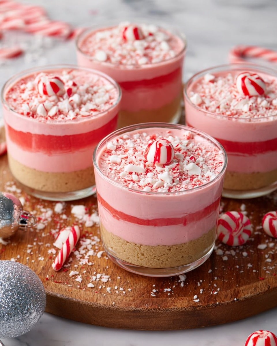 The image shows clear glass cups filled with four layers of dessert placed on a wooden board. The bottom layer is a light tan cookie or crumb layer, followed by a smooth pink creamy layer. This pattern repeats with another tan layer and a pink creamy top layer. The top is decorated with crushed white and red peppermint candy pieces and a whole round peppermint candy on each cup. Around the board, there are whole peppermint candies and a small silver Christmas ornament. The background is a white marbled surface. Photo taken with an iphone --ar 4:5 --v 7