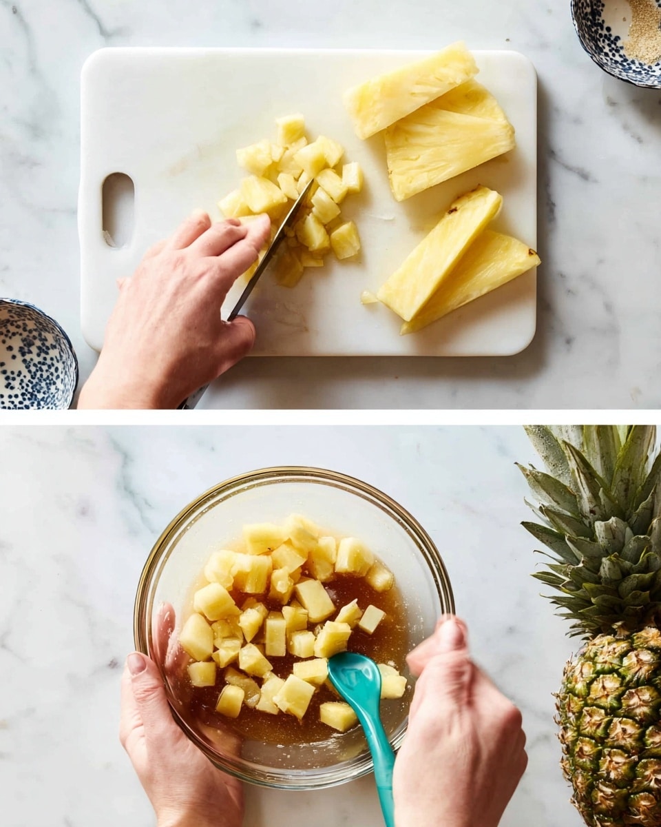 The top part of the image shows a woman’s hand slicing a peeled pineapple into small chunks on a white cutting board placed on a white marbled surface; three thick pineapple slices lie to the right of the cutting board. The bottom part shows two woman’s hands holding a clear glass bowl filled with the small pineapple chunks coated in a brown sauce, with a teal spoon mixing the pieces; a half pineapple is visible on the right side on the same white marbled surface. Photo taken with an iphone --ar 4:5 --v 7
