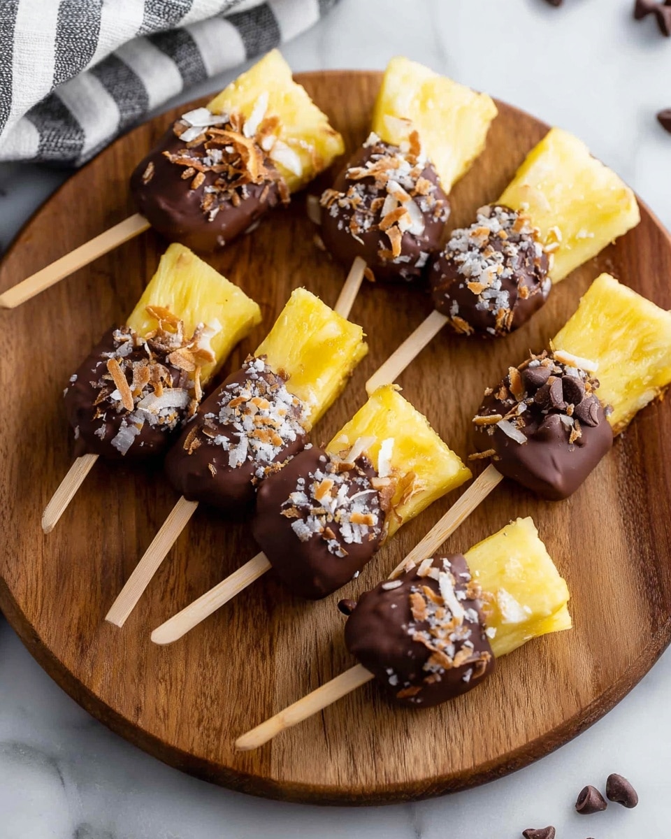The image shows eight pineapple chunks on wooden sticks, each dipped halfway in milk chocolate. The chocolate covers the top half with a smooth texture and some have added toppings like small chocolate chips and toasted coconut flakes sprinkled on top. The pineapple pieces are bright yellow and juicy, contrasting with the dark brown chocolate. They are all laid out on a round wooden board on a white marbled surface, and a part of a striped cloth is visible in the top left corner. photo taken with an iphone --ar 4:5 --v 7