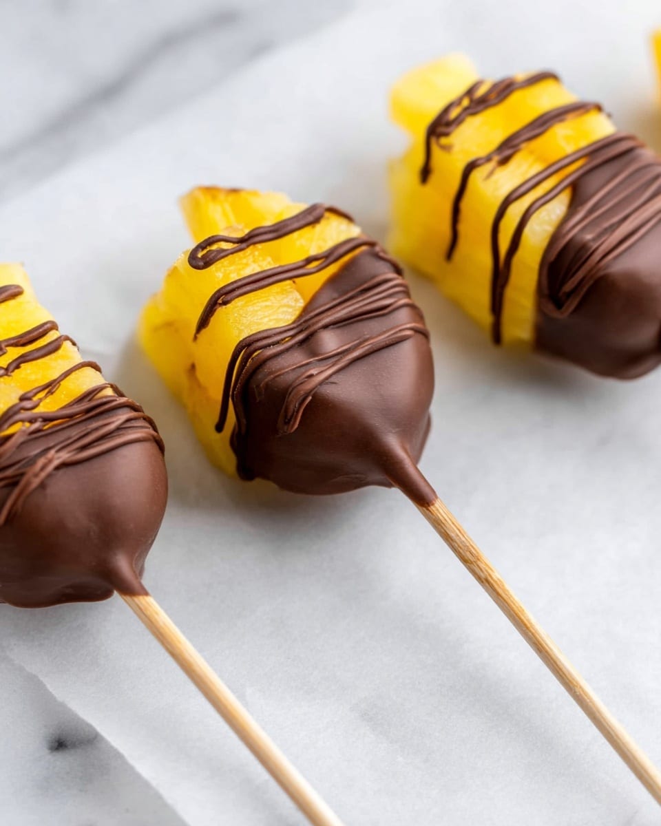 Three chocolate-covered pineapple pieces are placed in a row on a white marbled surface with white parchment paper underneath. Each pineapple piece is bright yellow and cut into chunks on wooden sticks, with the chunk being partially dipped in smooth, dark brown chocolate. Extra dark chocolate lines are drizzled over the top of the chocolate-covered parts, adding texture. The sticks extend straight up out of the frame. The scene is bright and clear, with soft shadows. Photo taken with an iphone --ar 4:5 --v 7
