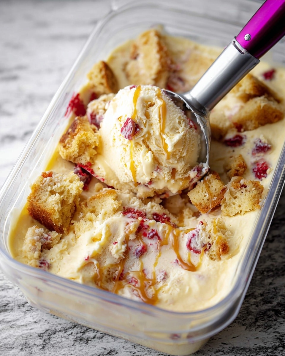 The image shows a clear container filled with creamy, pale yellow ice cream mixed with chunks of soft, golden cake and bright red fruit pieces scattered throughout. A metal ice cream scooper with a purple handle is lifting a generous scoop that has a mix of smooth ice cream and cake bits, showing a rich and textured look. There is a light drizzle of caramel-colored sauce across the top, adding a glossy shine, and the container sits on a white marbled surface. photo taken with an iphone --ar 4:5 --v 7