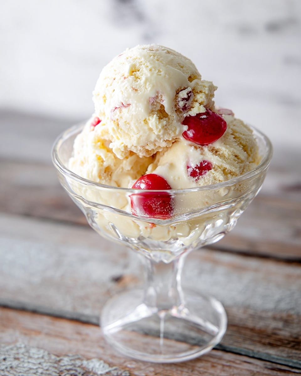 The image shows a clear glass dessert cup filled with three scoops of creamy vanilla ice cream. The ice cream is textured with small pieces and swirls inside, and there are bright red cherry slices placed on top and mixed within the scoops. The glass cup stands on a wooden surface with a white marbled texture visible in the background. The ice cream looks smooth and rich, with the cherry slices giving a pop of color and freshness. photo taken with an iphone --ar 4:5 --v 7