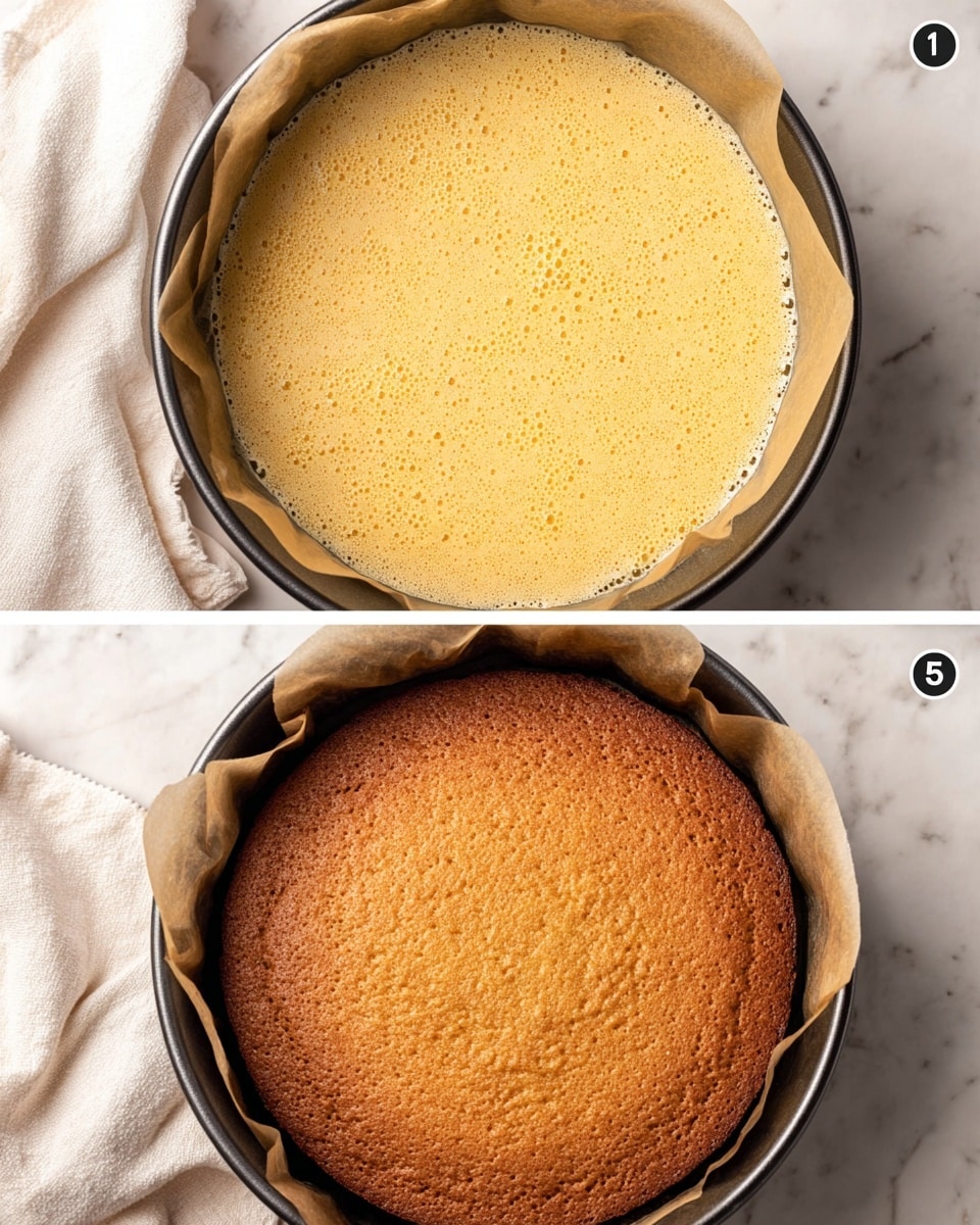 The image shows two round baking pans lined with parchment paper, placed on a white marbled surface. The top pan holds an unbaked batter that is light yellow-orange in color with many small bubbles on its smooth surface, filling the pan evenly. The bottom pan contains a fully baked cake with a golden brown, slightly textured and cracked surface that looks soft and moist, also filling the pan evenly. Both pans have dark metal edges, and a white cloth is partly visible on the left side near the bottom pan. Photo taken with an iphone --ar 4:5 --v 7