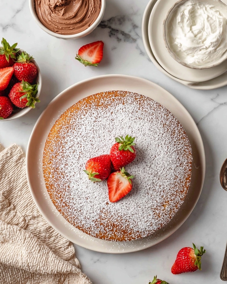 A single-layer round cake with a golden-brown top is placed on a white plate, dusted evenly with white powdered sugar. On the center of the cake, there are three whole strawberries and two strawberry halves with bright red color and green leafy tops. Around the plate, there is a small white bowl filled with chocolate whipped cream, a white bowl with whole and halved strawberries, a beige textured cloth, and a white plate with a silver spoon, all set on a white marbled surface. Photo taken with an iphone --ar 4:5 --v 7