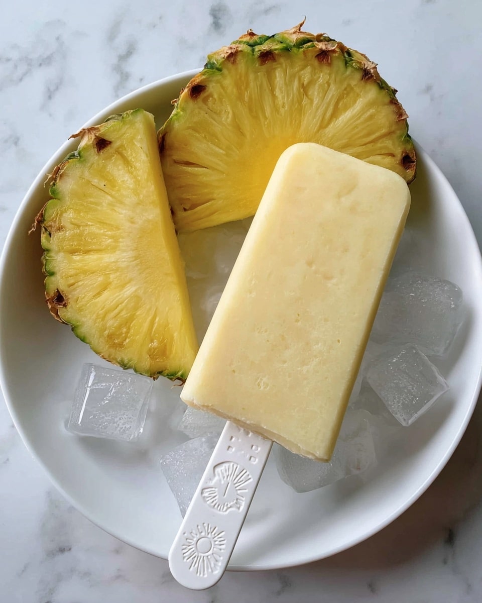 A white plate with a white marbled texture holds two thick yellow pineapple slices on the left, showing the rough green and brown edge on top, and next to them on the right is a smooth pale yellow popsicle resting on small clear ice cubes, the popsicle stick is white with embossed patterns including a sun and dots. photo taken with an iphone --ar 4:5 --v 7