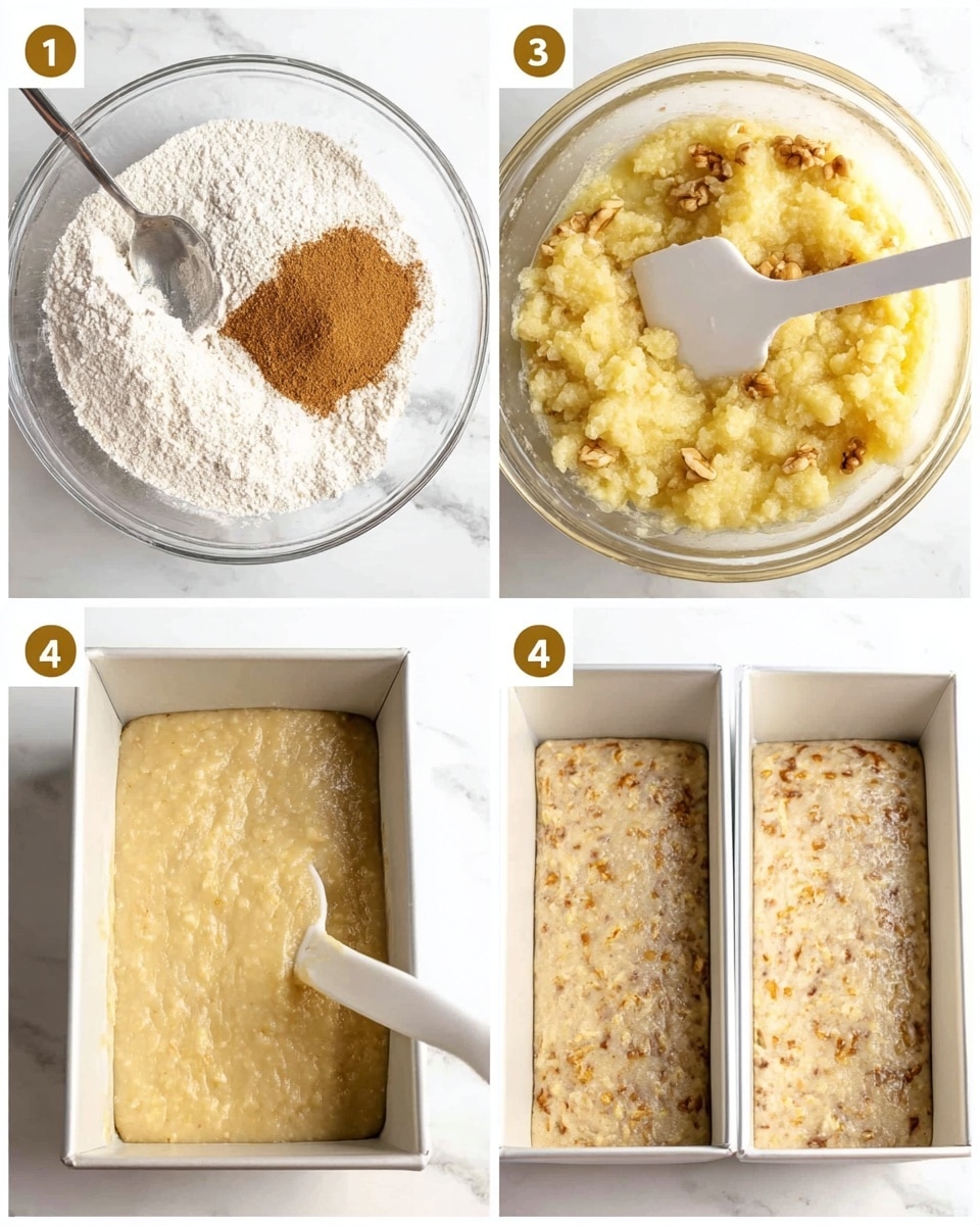 The image is divided into four small pictures showing the baking steps. The first picture shows a clear bowl filled with layers of white flour and light brown spices piled separately with a spoon resting inside. The second picture shows a glass bowl with yellow mashed bananas mixed with soft brown nuts and a white spatula resting inside. The third picture is a close-up of the smooth, lumpy banana mixture, which is light yellow with small brown specks being stirred with the white spatula. In the fourth picture, two white lined rectangular baking pans are filled with light yellow batter textured with small bits, ready to be baked. All photos have a white marbled surface and look clear and bright. photo taken with an iphone --ar 4:5 --v 7