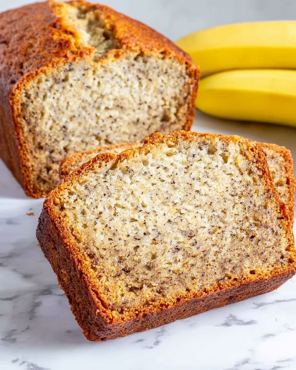 The image shows two pieces of banana bread with a golden brown crust and a moist, light beige interior filled with small dark specks from the bananas. One piece is lying flat in the foreground on a white marbled surface, showing the soft, dense texture inside, while the other piece is partially visible behind it, standing upright. A bunch of ripe bananas with yellow skin is placed to the right, slightly blurred in the background. The surface is clean and smooth, highlighting the texture and color of the bread photo taken with an iphone --ar 4:5 --v 7
