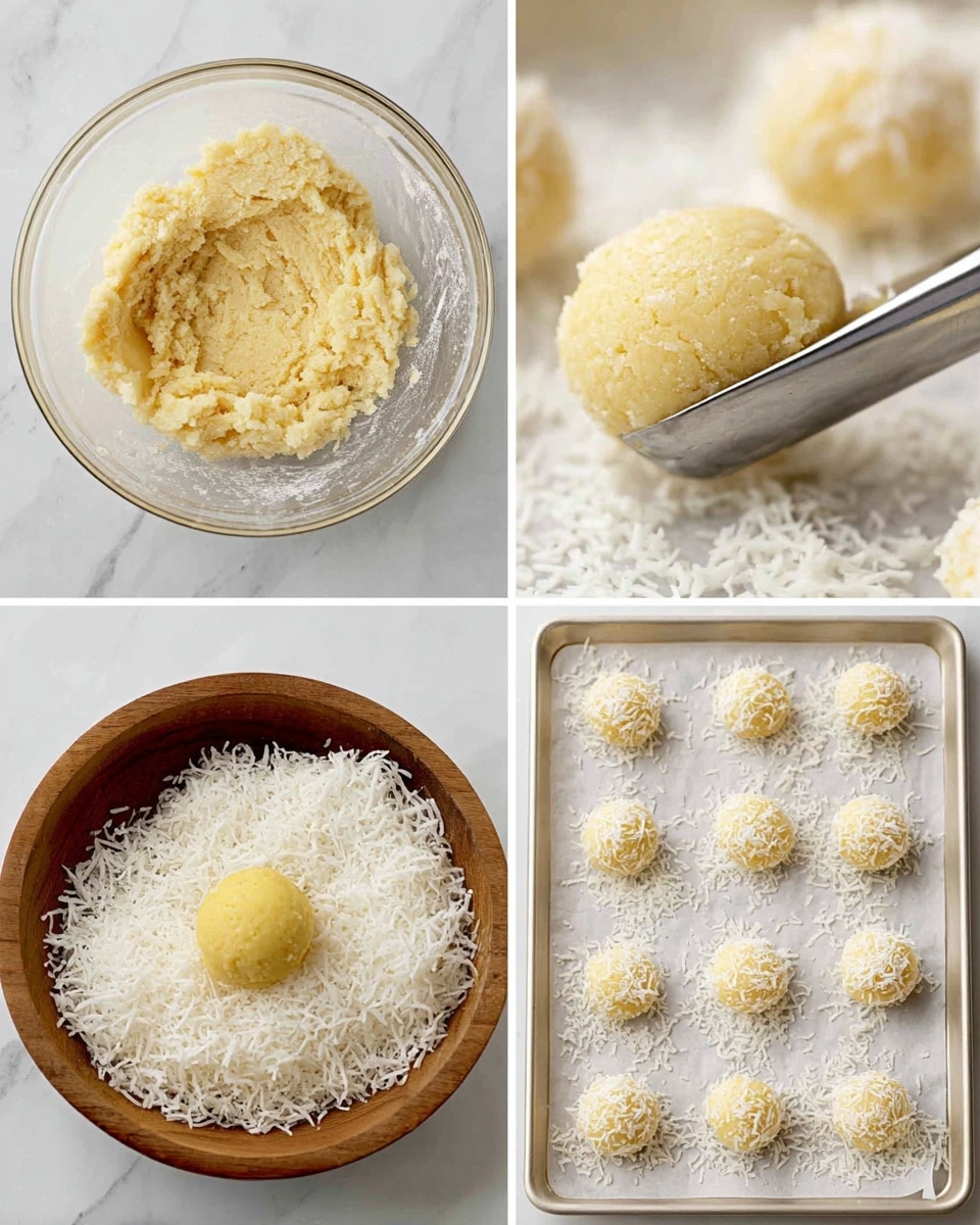 The image shows a step-by-step process of making coconut-covered dough balls. The first part features a clear glass bowl holding a thick, pale yellow dough with a rough, soft texture on a white marbled surface. Next, a metal dough scoop holds a round portion of the same dough, showing its dense and slightly crumbly texture against the background of the dough in the bowl. The third part captures a wooden bowl filled with shredded white coconut, with one yellow dough ball being rolled in the coconut, creating a bright contrast between the dry, stringy coconut and the smooth dough center. Finally, there is a white baking tray lined with parchment paper, neatly arranged with multiple small, round dough balls fully coated in shredded coconut, spaced evenly across the tray. photo taken with an iphone --ar 4:5 --v 7