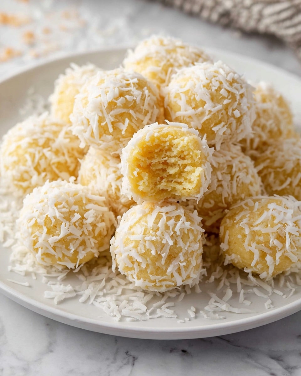 A white plate holds a pile of small round balls covered in shredded white coconut. Each ball is light yellow with a soft, crumbly texture visible beneath the coconut flakes. One ball in the front center has a bite taken out, showing its moist inside with a pale yellow color. The plate rests on a surface with a white marbled texture, and some shredded coconut is scattered around. Photo taken with an iphone --ar 4:5 --v 7