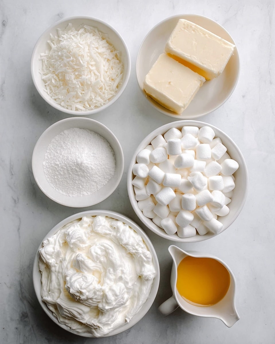 The image shows six white bowls and a small white pitcher arranged on a white marbled surface. In the center right, a larger bowl is filled with many small white marshmallows. To the top right above it, a medium bowl contains thick, rectangular pieces of cream cheese. To the top left, a medium bowl holds shredded white coconut flakes. Below that, a smaller bowl contains fine white powder, likely baking soda or sugar. At the bottom left, a bowl is filled with a light, fluffy white whipped cream or frosting with soft texture curls on top. The small white pitcher at the bottom right contains melted, golden yellow butter. The lighting is soft and natural. Photo taken with an iphone --ar 4:5 --v 7