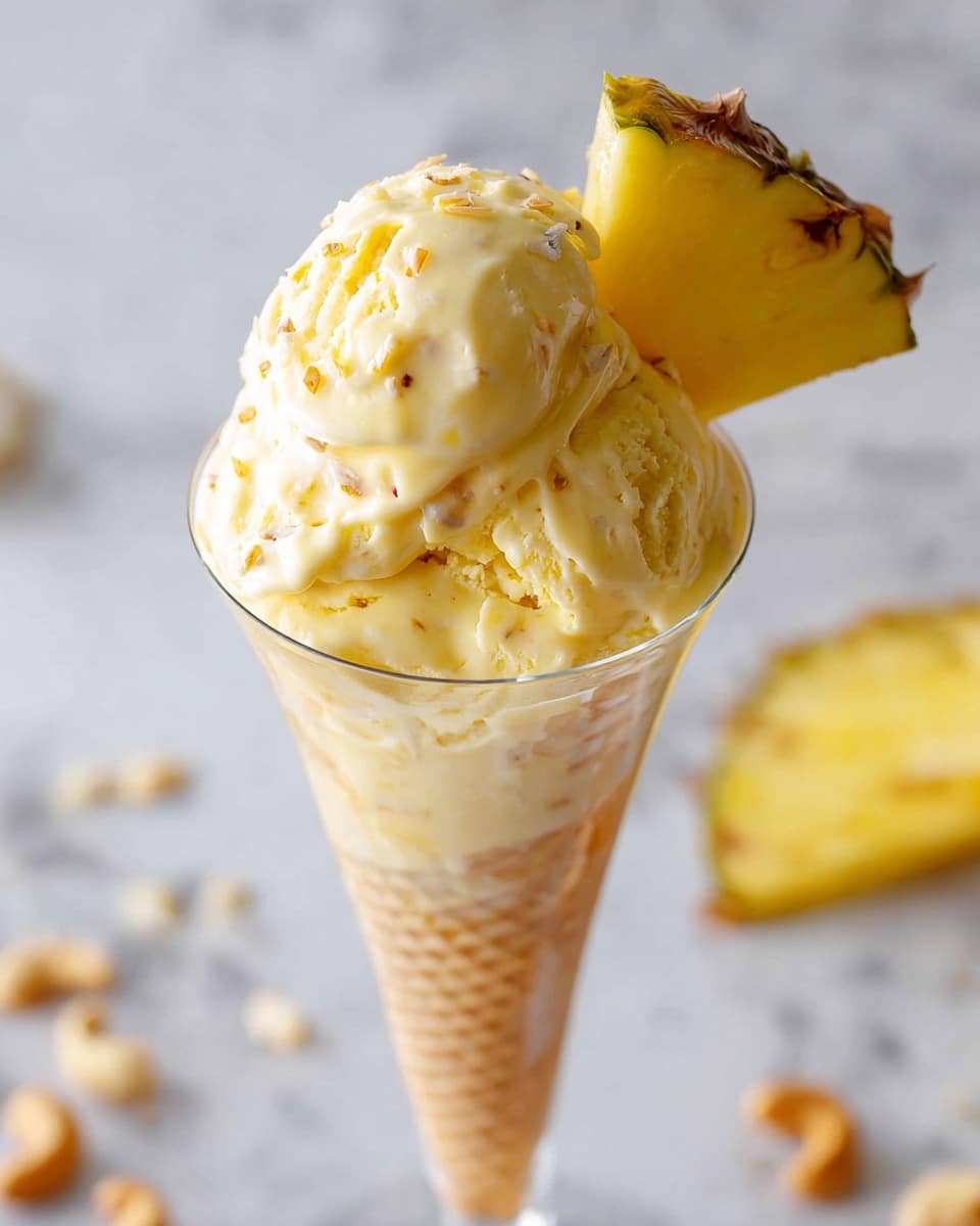 A close-up view of a tall transparent glass cone filled with two scoops of creamy yellow ice cream with small bits inside. A thin slice of pineapple is placed on the top scoop at the edge, slightly tilted. The cone shows a light yellow texture with faint grid lines. The background has a white marbled texture, and a piece of pineapple slice and some cashew nuts are blurred around the glass. Photo taken with an iphone --ar 4:5 --v 7