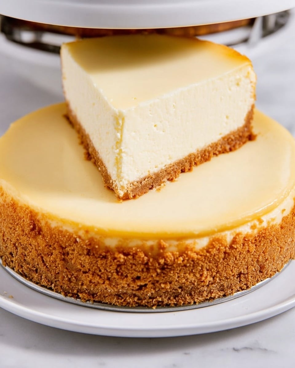 The image shows a round cheesecake with two layers, placed on a white plate on a white marbled surface. The bottom layer is a thick, crumbly, light brown crust, and the top layer is a smooth, creamy pale yellow cheesecake filling that is even and glossy. The cheesecake appears firm and slightly dense with a clean edge where the layers meet. A springform pan ring is being lifted away from the cake, showing the cake’s shape clearly. Photo taken with an iphone --ar 4:5 --v 7