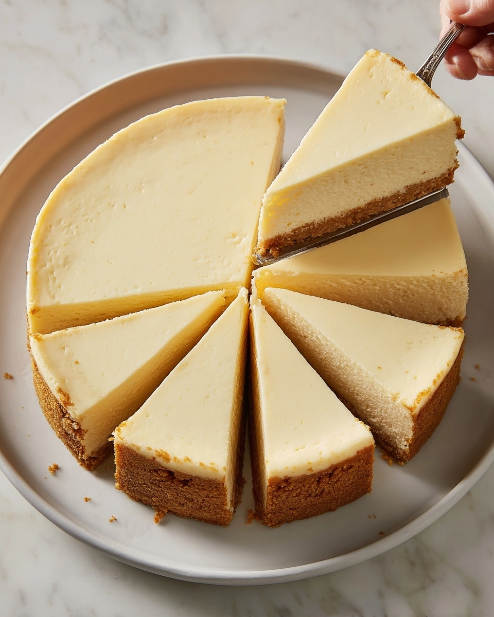 A round cheesecake sits on a white plate, with five even slices cut and one slice being lifted, showing the layers clearly. The cheesecake has two layers: a thick light cream-colored top layer with a smooth texture and a thinner brown crust layer at the bottom, which looks slightly crumbly. The white plate is on a white marbled surface, and the focus is on the cake's creamy texture and clean slices. photo taken with an iphone --ar 4:5 --v 7