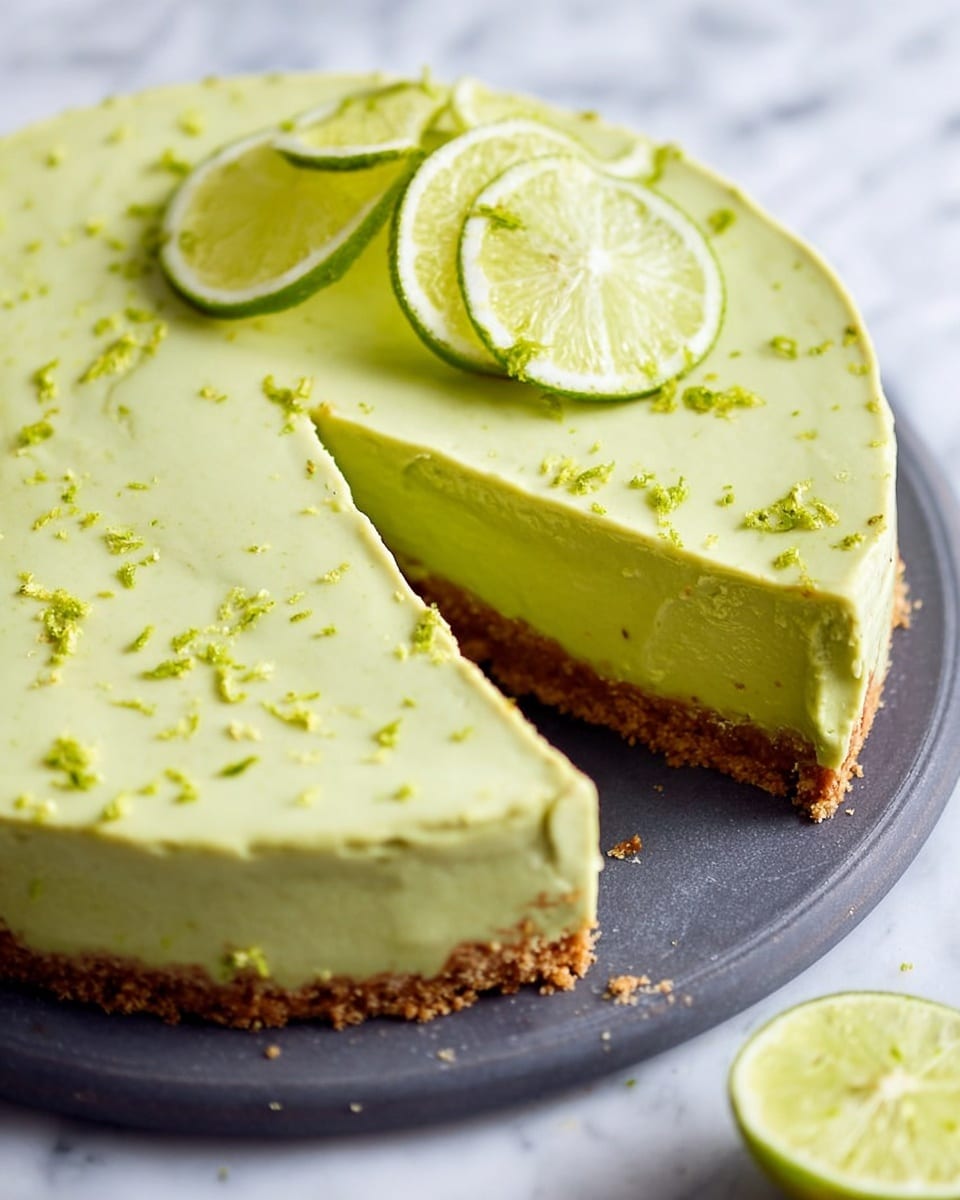 A lime cheesecake is shown on a round dark plate placed on a white marbled surface. The cheesecake has two visible layers: a light brown crumbly base layer and a thick, smooth bright green creamy top layer. The top layer is evenly spread with small bits of lime zest scattered on it. Two thin, translucent lime slices rest on the top left edge of the cheesecake. One slice of the cheesecake is cut and slightly pulled out to show the clean separation of the layers. A halved lime is partially visible at the bottom right of the image. Photo taken with an iphone --ar 4:5 --v 7