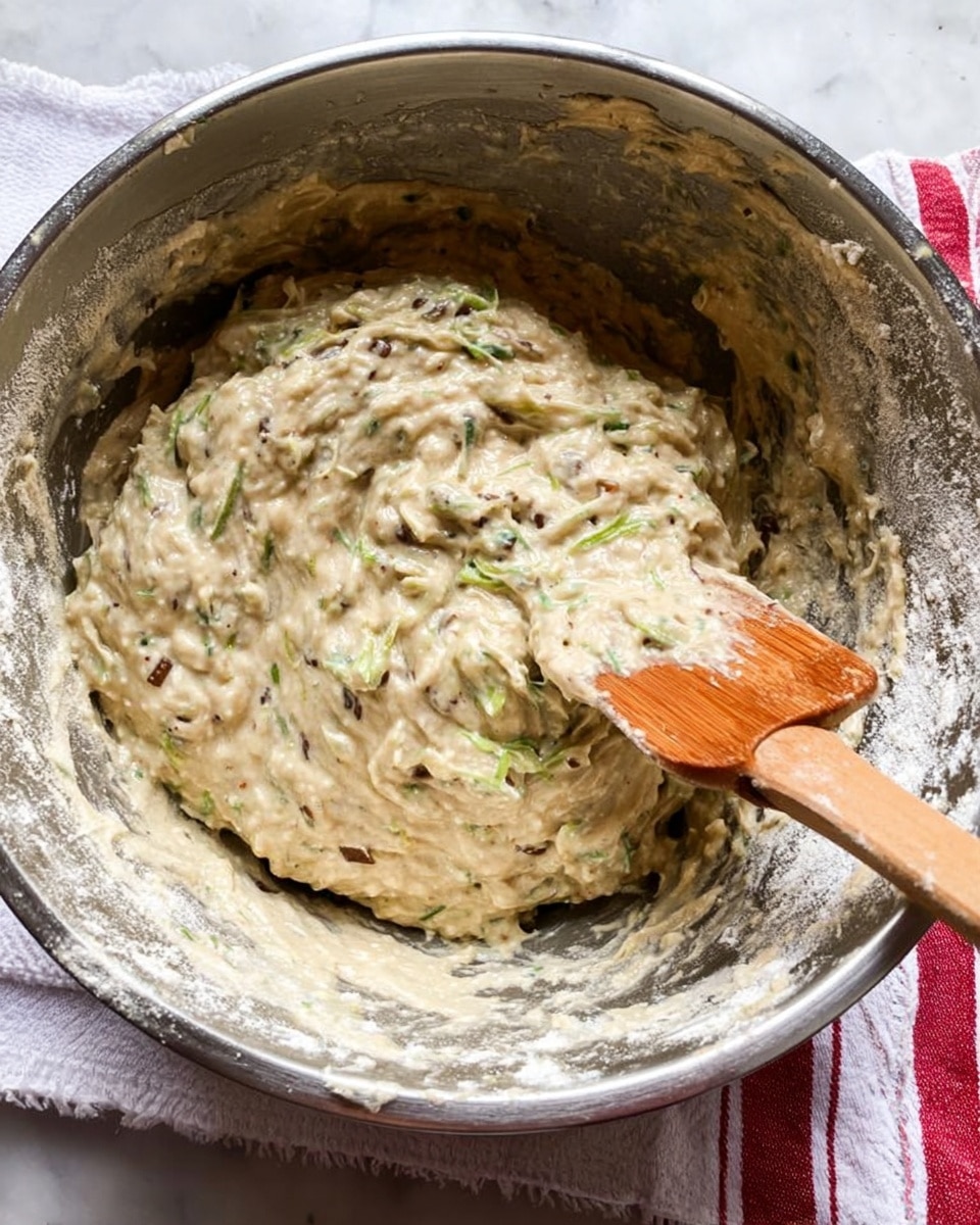 A large metal bowl filled with thick, creamy batter that is light beige with small green and dark brown specks scattered throughout. The batter looks slightly chunky and moist, with visible bits of shredded green vegetable mixed in. A wooden spatula with a darker orange flat edge is resting inside the bowl, partially covered in batter. The bowl is placed on a white marbled surface with a red and white striped cloth underneath. The edges of the bowl have some flour dusted on them, adding texture to the scene. photo taken with an iphone --ar 4:5 --v 7