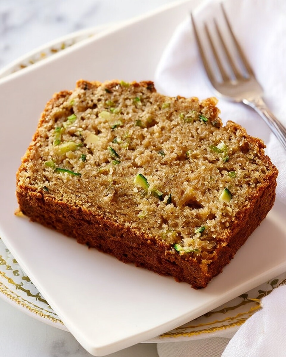A single slice of moist zucchini bread with a rough, textured surface sits centered on a clean white square plate. The bread is light brown with small green pieces of zucchini visible throughout, giving a natural, homemade look. The slice has a slightly darker brown crust at the edges and is placed on a decorative round plate beneath the white one, set on a white marbled surface. A silver fork is placed to the right on a white napkin. photo taken with an iphone --ar 4:5 --v 7