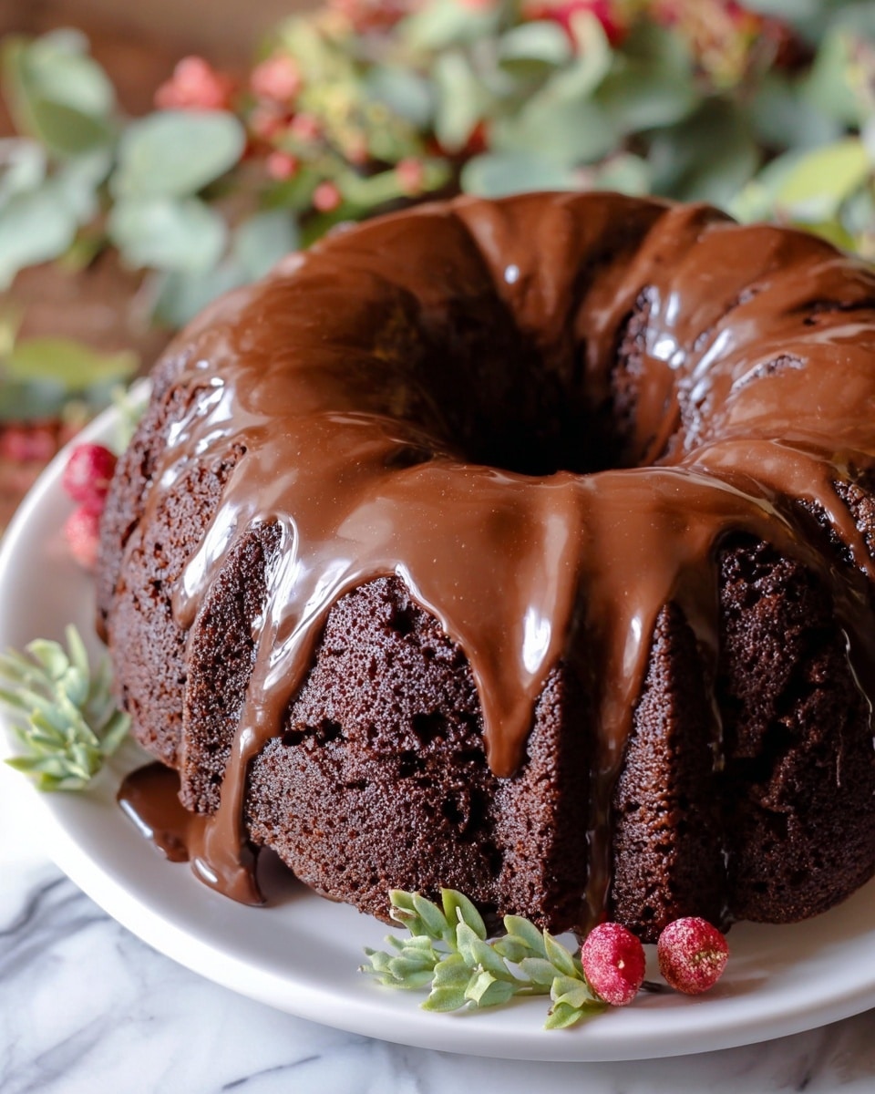 A rich, dark chocolate bundt cake sits on a white plate, covered with a smooth, glossy layer of thick milk chocolate glaze that drips unevenly over the ridged cake surface. The cake’s texture looks moist and dense, with the deep brown color contrasting with the lighter brown glaze. Around the base of the plate are small sprigs of green leaves and clusters of red berries, adding a natural, festive touch. The background shows soft earthy tones with blurred greenery and flowers, all set on a white marbled surface. Photo taken with an iphone --ar 4:5 --v 7