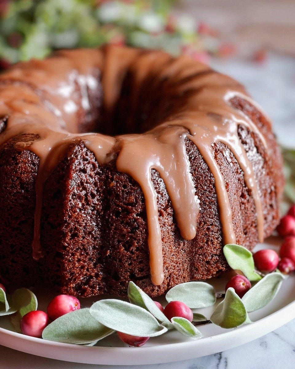 A dark brown bundt cake with a rough, textured surface sits on a white plate surrounded by small red berries and greyish green leaves. The cake is topped with smooth light brown glaze that drips slowly down the ridges of the cake, showing the contrast between the glaze and the darker cake underneath. The plate rests on a white marbled surface with soft natural lighting creating a cozy feel. photo taken with an iphone --ar 4:5 --v 7