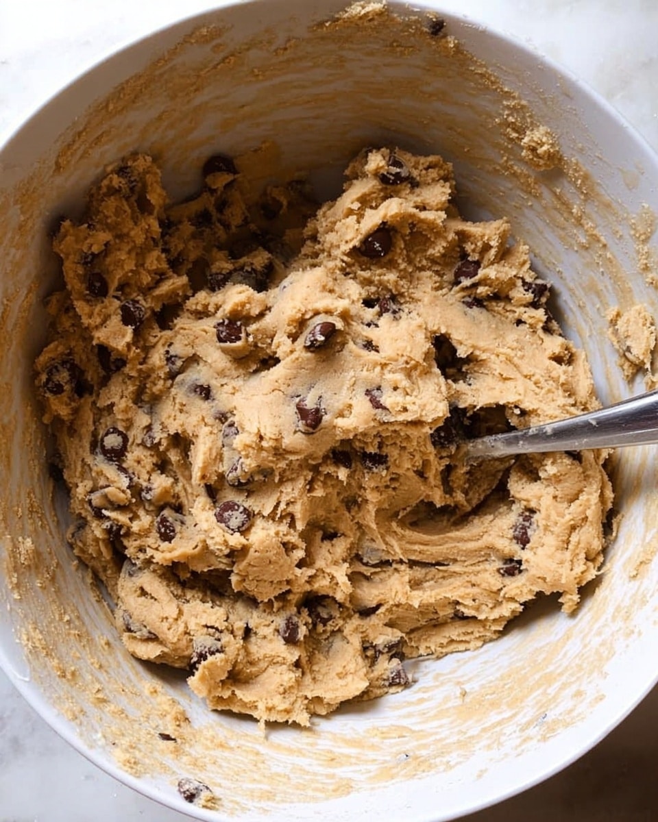 The image shows a close-up view inside a large white metal mixing bowl filled with light brown cookie dough mixed with dark chocolate chips throughout. The dough has a rough, thick texture with many small lumps and folds. A metal spoon is stuck into the dough on the right side of the bowl, partially covered by the dough. The bowl's inner sides have some dough residue. The background surface is white marbled. photo taken with an iphone --ar 4:5 --v 7