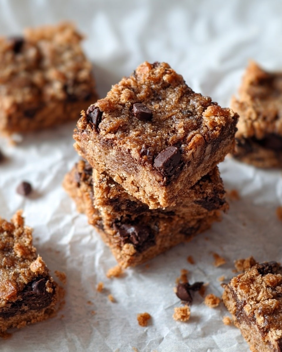 The image shows a close-up of four brown bars stacked and scattered on top of a white marbled surface covered with white parchment paper. Each bar has a crumbly texture with visible dark chocolate chips embedded in them, adding a slightly shiny and rough look. The bars look thick, about two layers high with a textured surface made of small crumbs and chunks. Some crumbs are scattered around the bars, enhancing the crumbly appearance. The focus is on the front bar with others blurred in the background. photo taken with an iphone --ar 4:5 --v 7