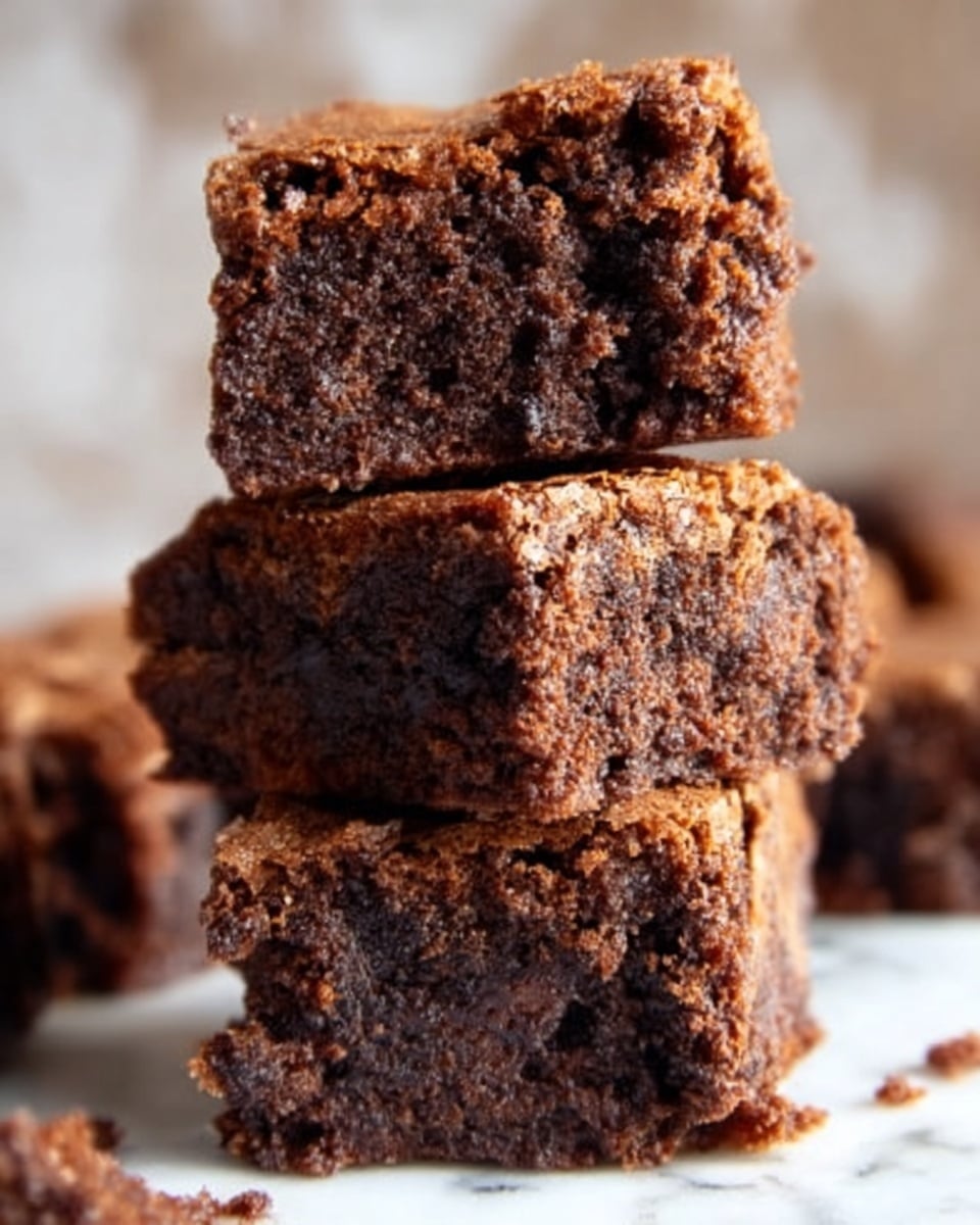A close-up view of a stack of four chocolate brownies with a rough, crumbly top layer, showing a dense and slightly moist texture inside. Each brownie layer has a rich dark brown color with small cracks on the surface, highlighting a homemade look. The background is softly blurred with a warm tone, making the brownies stand out. The image is shot on a white marbled surface. photo taken with an iphone --ar 4:5 --v 7