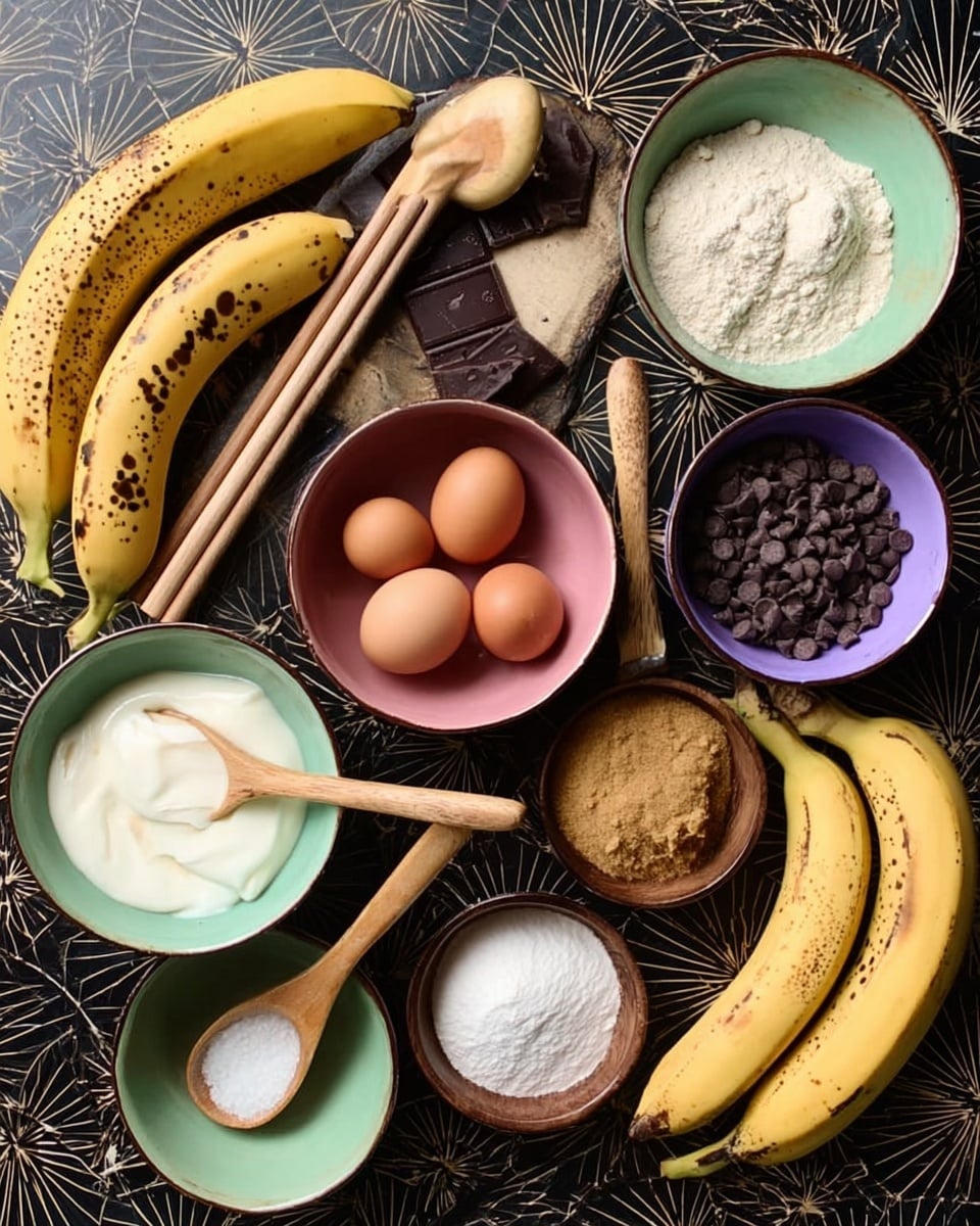 The image shows several ingredients laid out on a dark patterned surface with a white marbled texture. There are three ripe bananas with brown spots, four brown eggs, a bowl of white sour cream with a wooden handle spoon resting on top, a bowl filled with dark chocolate chips, a purple bowl with light brown sugar and a wooden spoon inside, a small wooden spoon holding white salt, a pink bowl filled with white sugar with a brown egg on it, a green bowl with a light green liquid, a small bowl filled with white flour and a spoon with a brown creamy substance on it. The colors range from creamy whites, browns, yellows to dark black. photo taken with an iphone --ar 4:5 --v 7