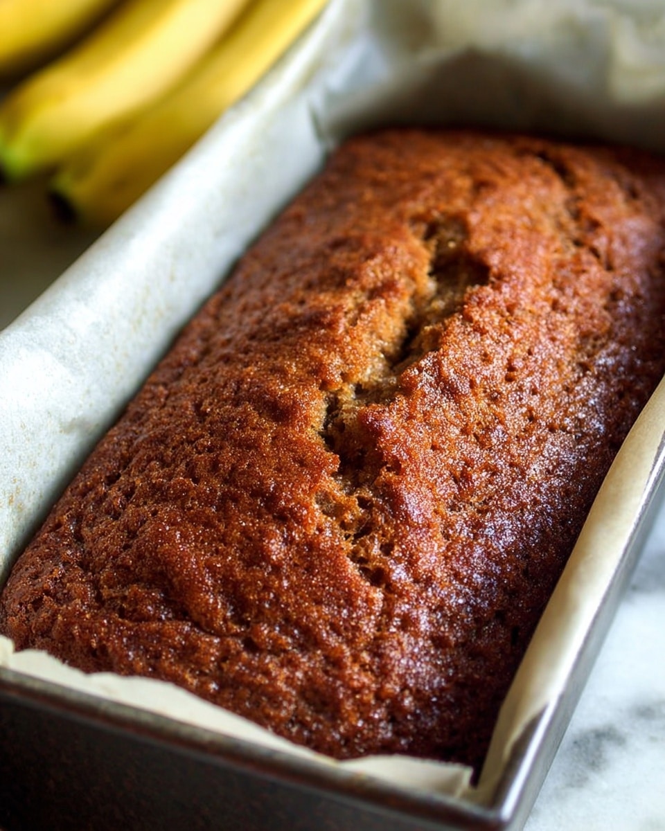 A close-up view of a single thick loaf of banana bread sitting in a rectangular metal baking pan lined with white parchment paper. The top layer is rich brown with a slightly rough, textured surface that looks crisp and caramelized. The loaf has a central crack running lengthwise, revealing a softer inside underneath. In the background, there are blurred yellow bananas resting on a white marbled surface. photo taken with an iphone --ar 4:5 --v 7