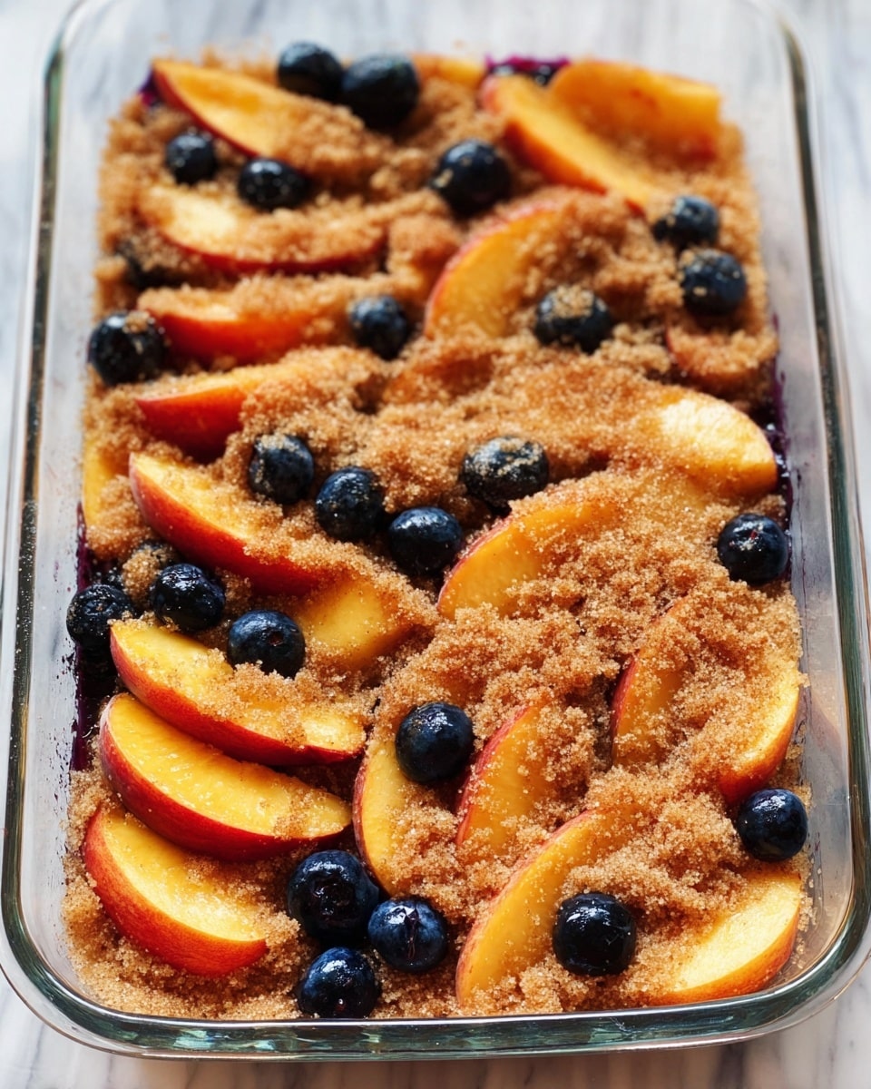 The image shows a clear rectangular glass dish filled with several layers of food. The bottom layer consists of sliced peaches with red and orange skin and soft yellow flesh, arranged evenly. Scattered above the peaches are small, round blueberries, dark blue in color. The entire top is covered with a thick, grainy layer of brown sugar, crushing slightly into the fruit. The dish sits on a white marbled surface. photo taken with an iphone --ar 4:5 --v 7