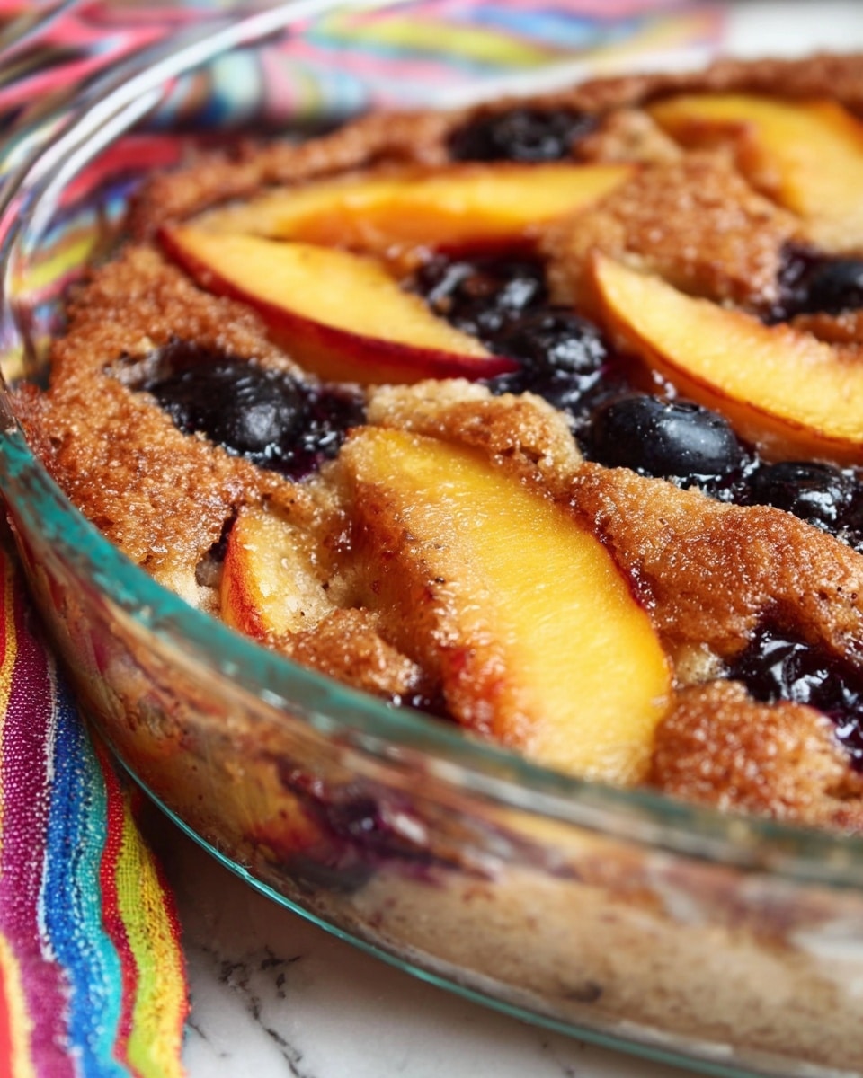 The image shows a close-up of a baked dessert in a clear glass dish with a golden-brown crust layer that has a rough, textured surface. On top, there are thin, slightly browned slices of peach arranged in a fan-like pattern, with dark, plump blueberries scattered evenly throughout the crust. The fruit sits slightly sunken into the crust, giving a juicy, glossy look in some spots. The sides of the glass baking dish reveal the layers with a mix of soft peach flesh and the golden crust. The dish is placed on a white marbled surface with a colorful striped cloth beneath the dish. photo taken with an iphone --ar 4:5 --v 7