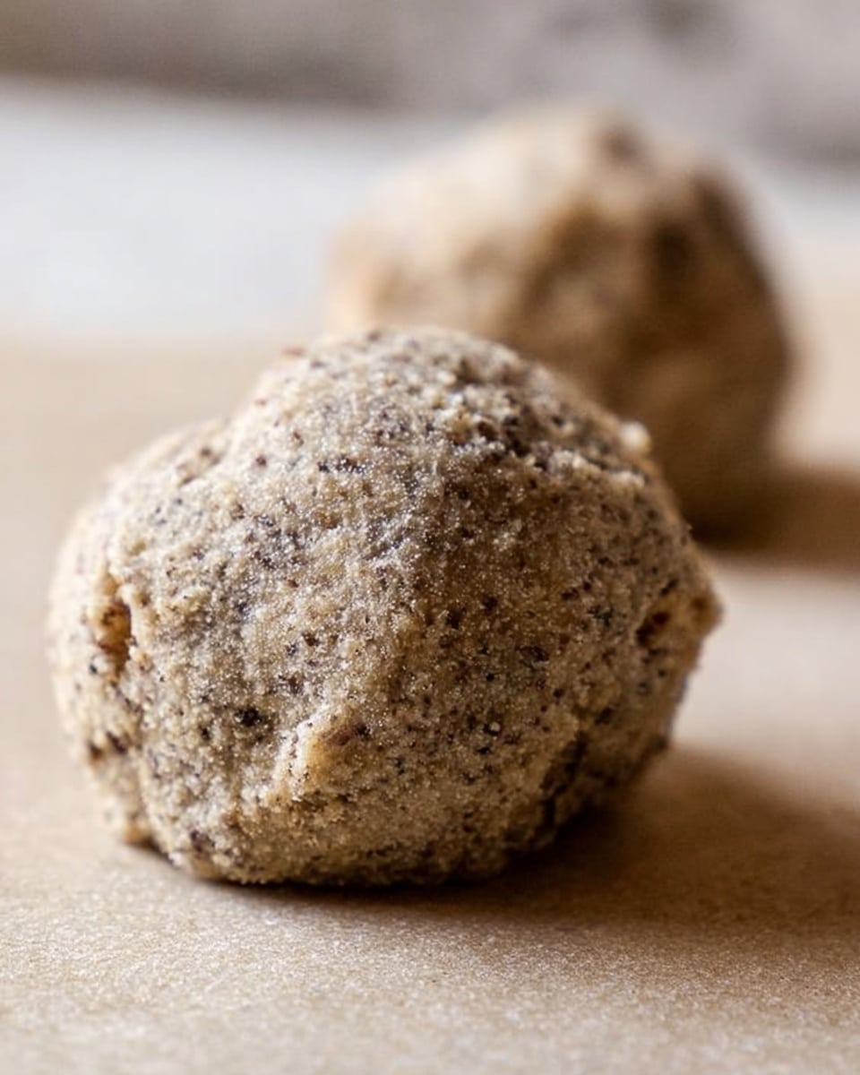 A close-up of two small, rough-textured dough balls with a speckled grayish-brown color resting on a light tan surface, showing a slightly crumbly, uneven shape with small bits mixed inside, the dough in the front is bigger and more detailed while the second one is blurred in the background, placed on a white marbled texture surface photo taken with an iphone --ar 4:5 --v 7