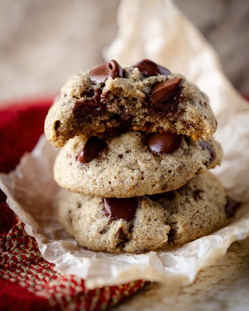 Three thick, soft cookies stacked on crumpled white parchment paper, each cookie light brown with a slightly rough texture and large dark brown chocolate chips melted on top. The top cookie is broken in half showing its soft inside. The background is a white marbled surface with part of a red and beige woven cloth visible on the left. Photo taken with an iphone --ar 4:5 --v 7