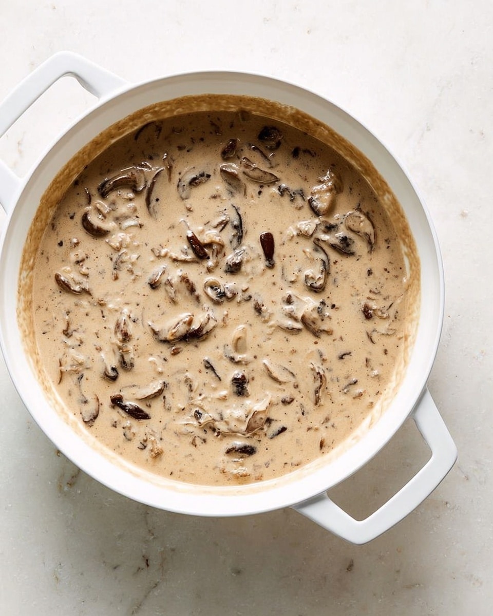 A white pan with two handles holds a creamy sauce filled with small pieces of dark brown mushrooms. The sauce is light beige with a smooth texture mixed with small bits, creating a rich and thick appearance. The pan sits on a white marbled surface, and the sauce fills most of the pan evenly without spilling over the edges. Photo taken with an iphone --ar 4:5 --v 7